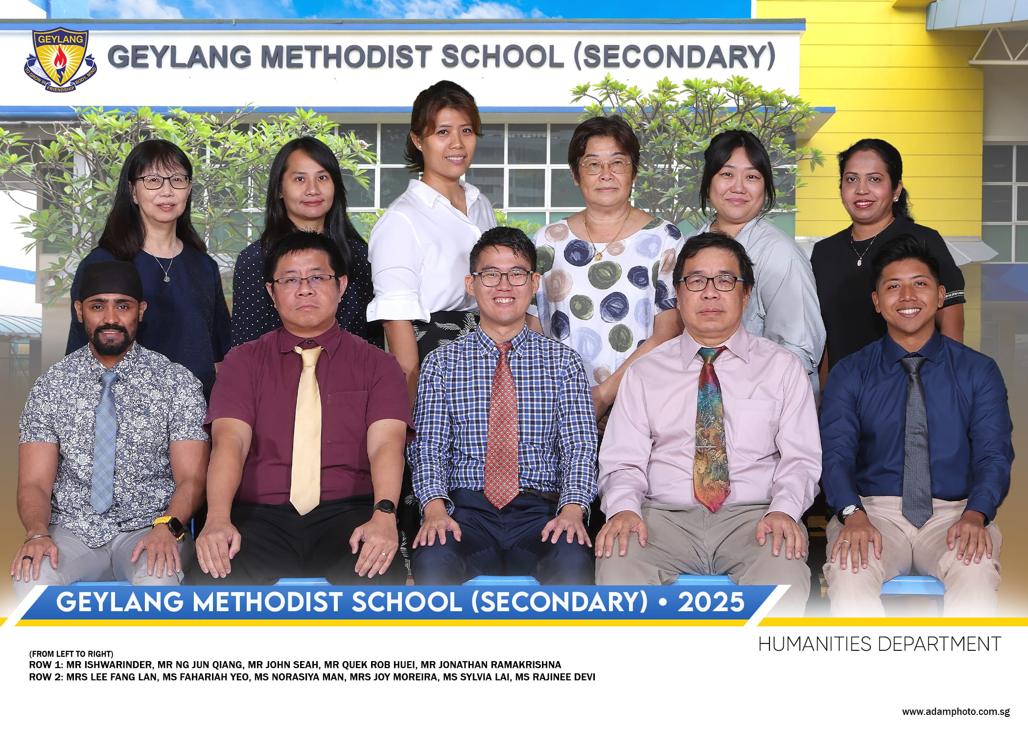 Group photo of the Geylang Methodist School Secondary Humanities Department staff in 2025, posing in two rows.