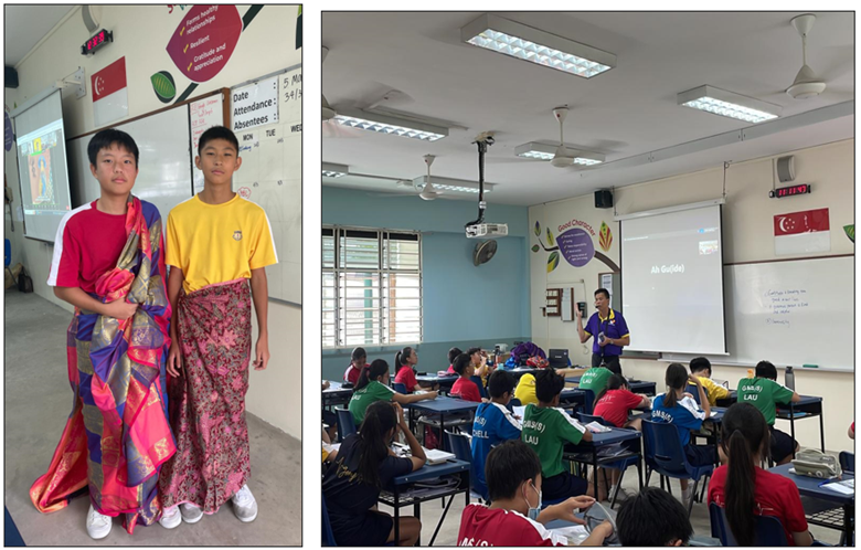 Two students in traditional attire stand in a classroom; beside it, a teacher presents to seated students.