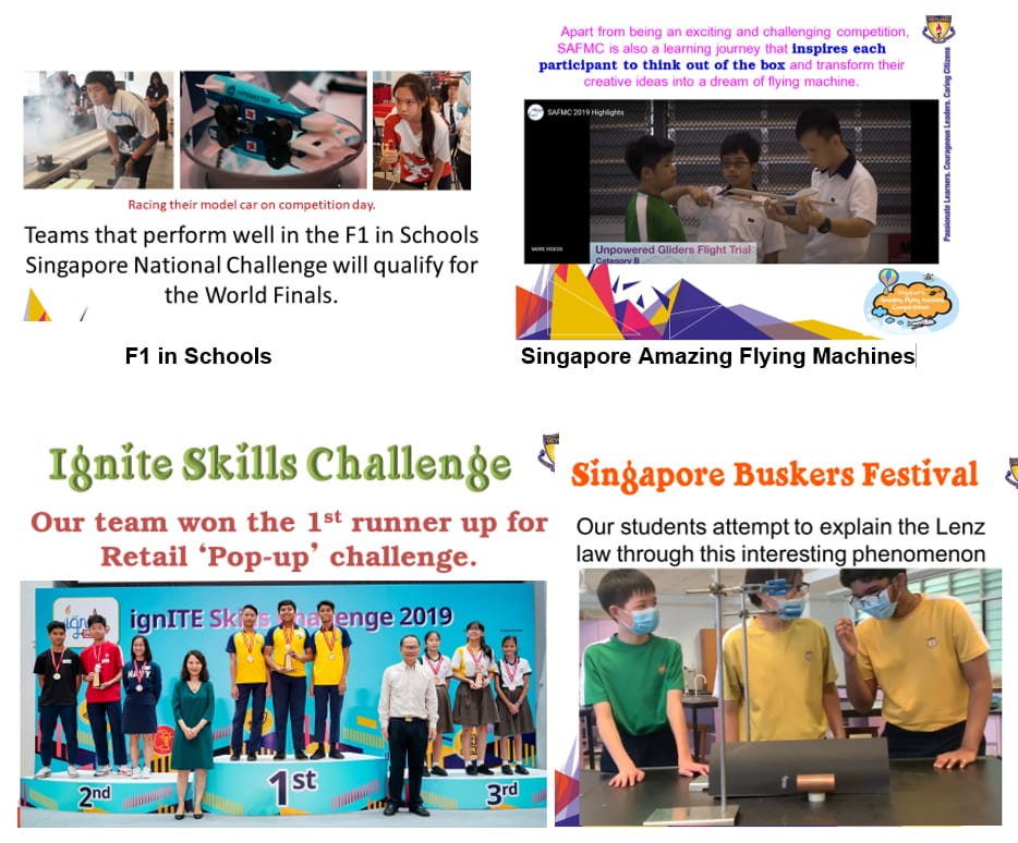 Collage showing student competitions including F1 in Schools, Flying Machines, Ignite Skills Challenge podium, and Buskers Festival.