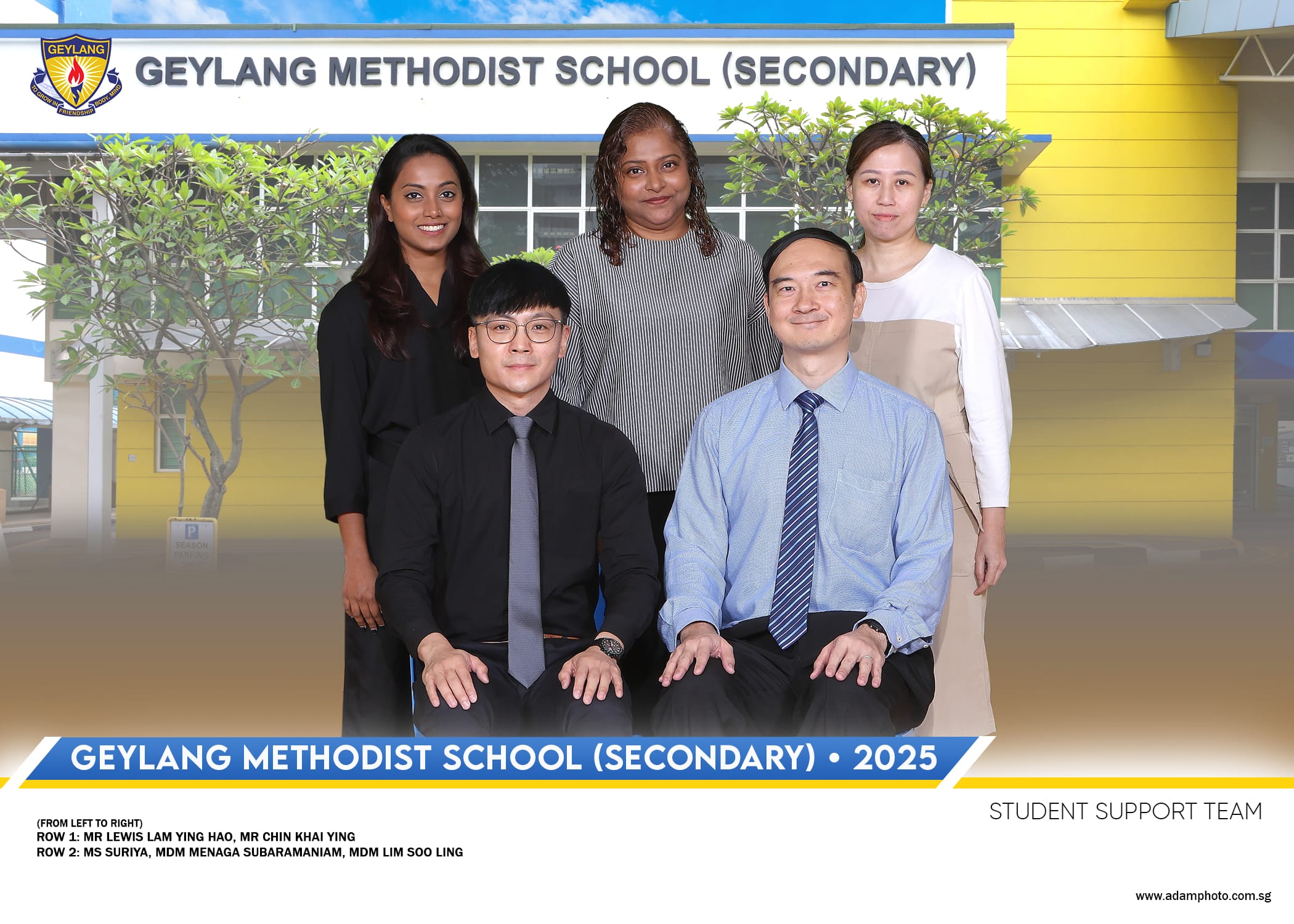 Five staff members of Geylang Methodist School Secondary pose for a 2025 Student Support Team group photo.