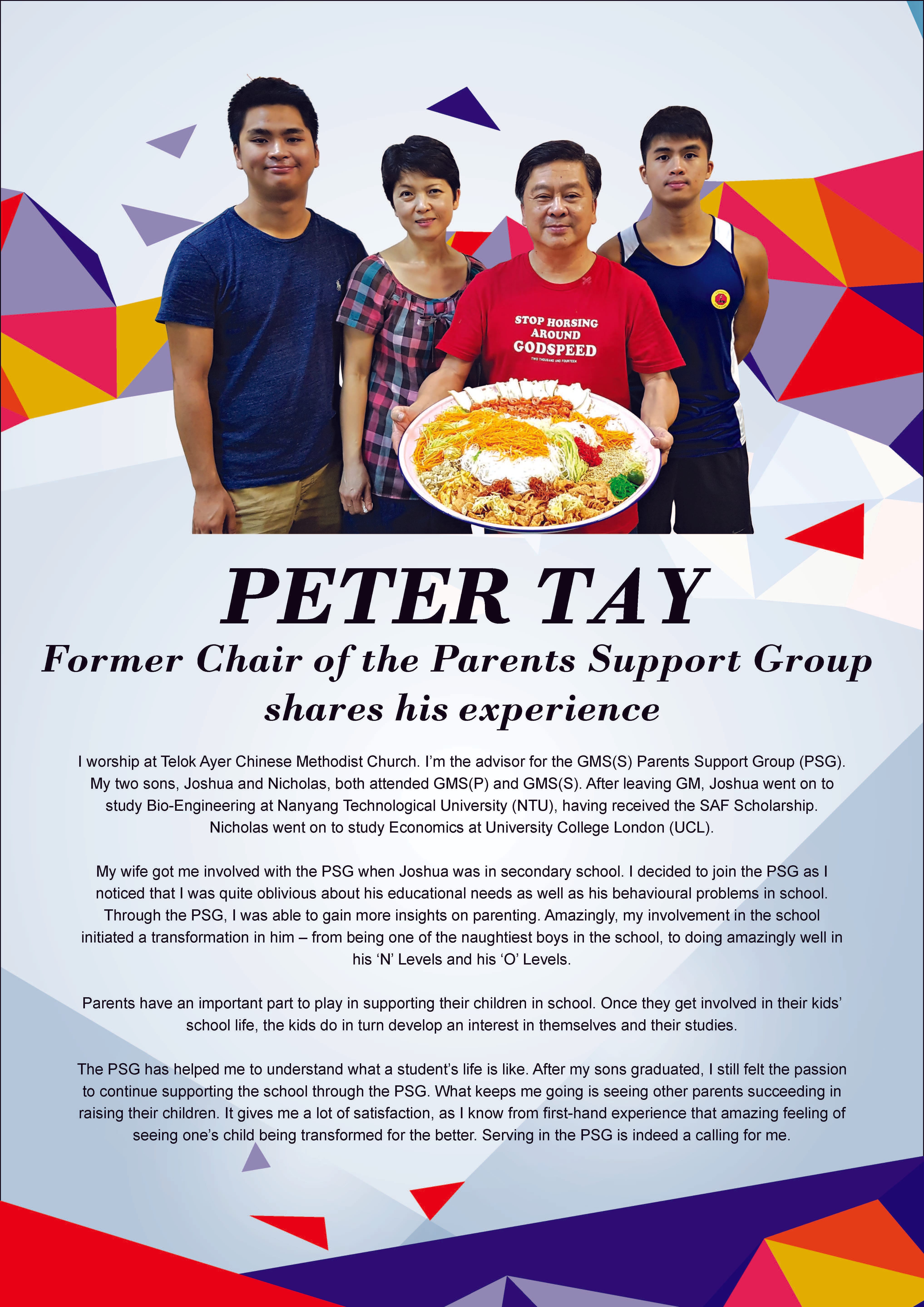 Four people pose together holding a large colorful dish, above text about Peter Tay, Former Chair of the Parents Support Group.