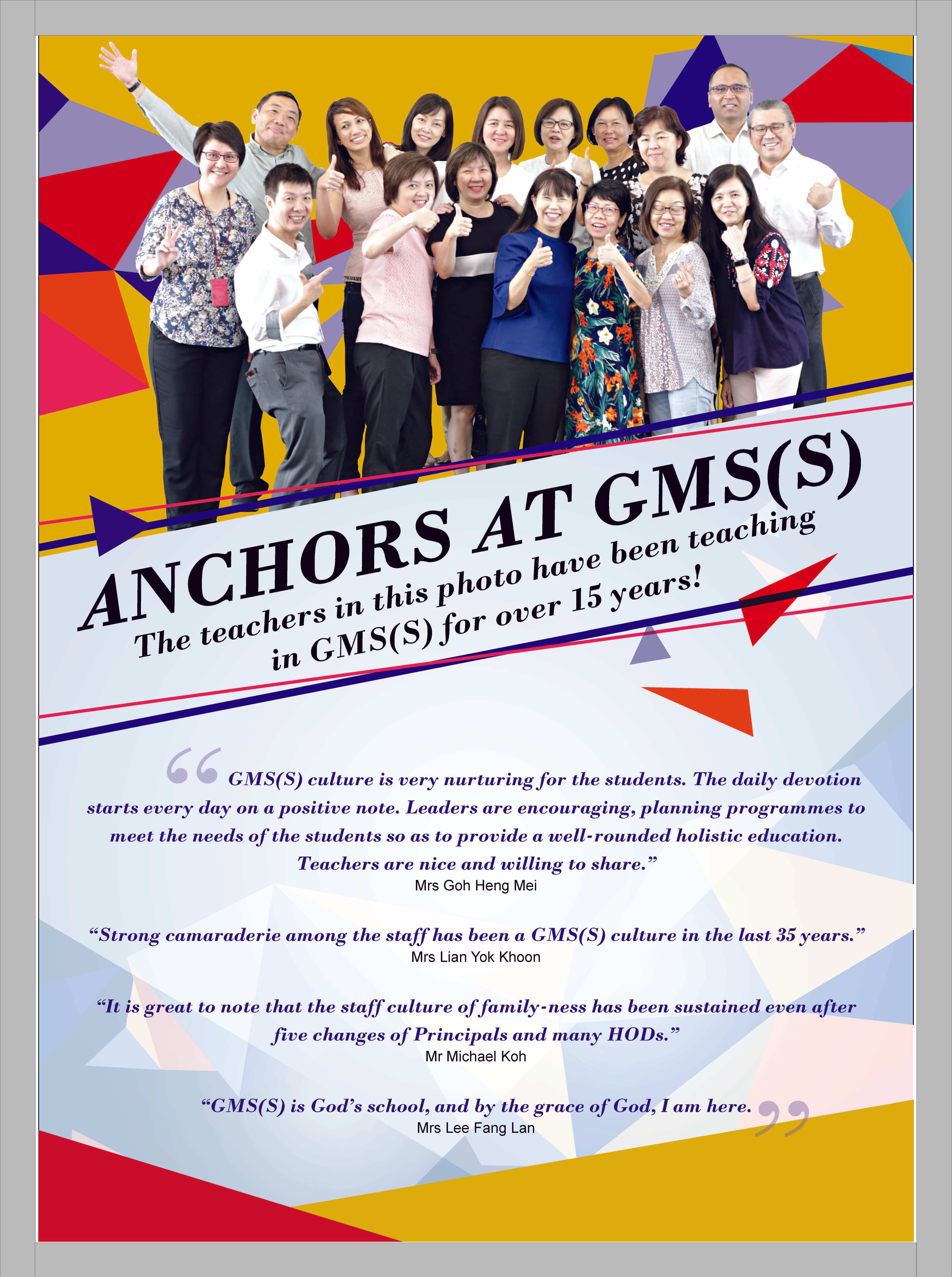 Group of teachers posing with thumbs up; banner reads ANCHORS AT GMS(S), teaching over 15 years.