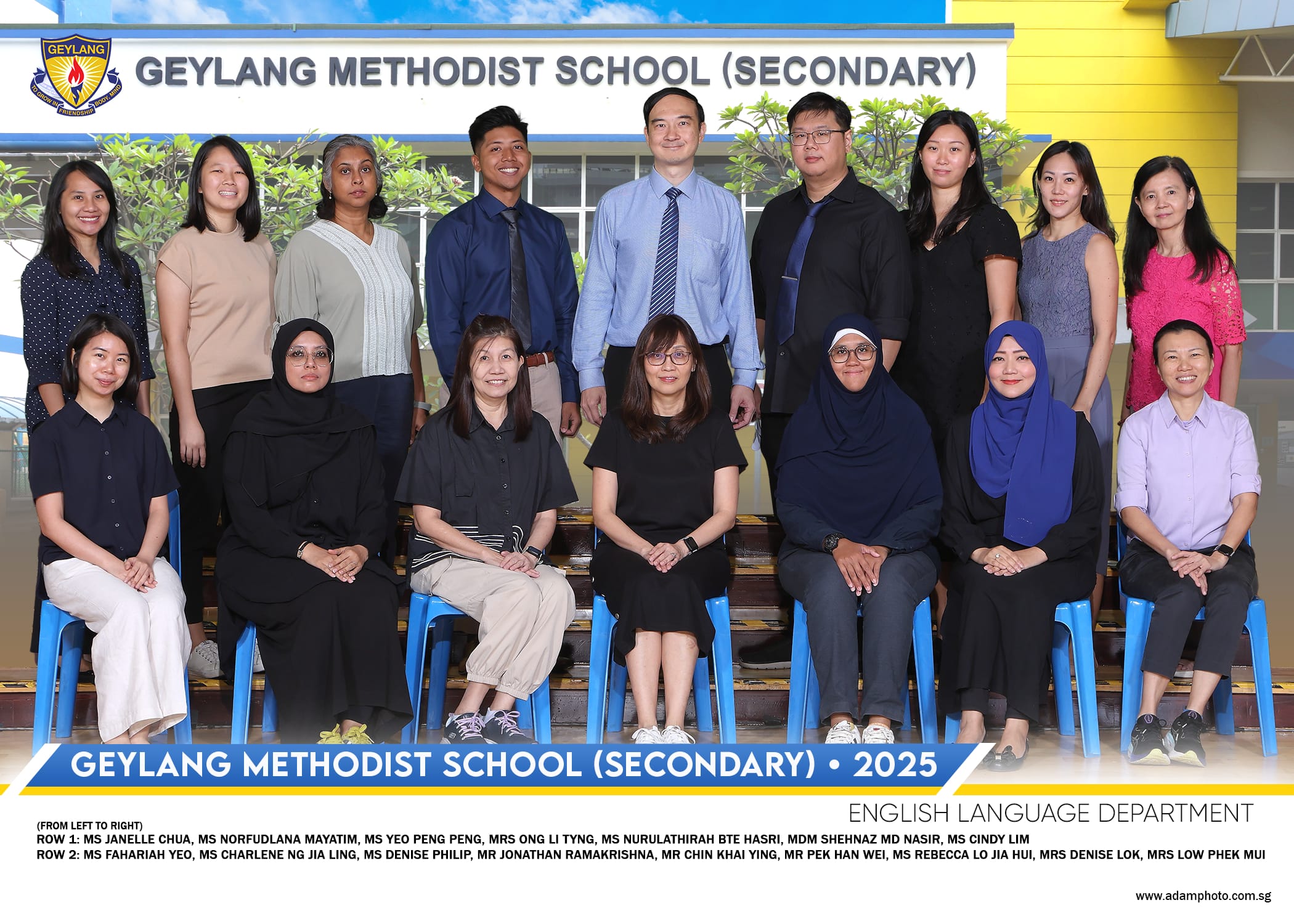 Group photo of Geylang Methodist School Secondary English Language Department staff posing in two rows, 2025.