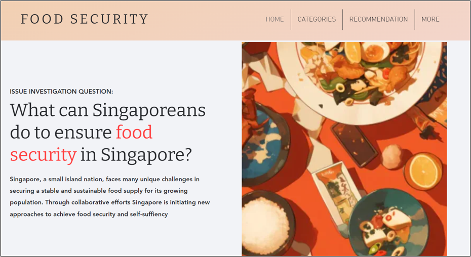 Webpage titled Food Security with text about Singapore and an overhead view of colorful food dishes on a red table.