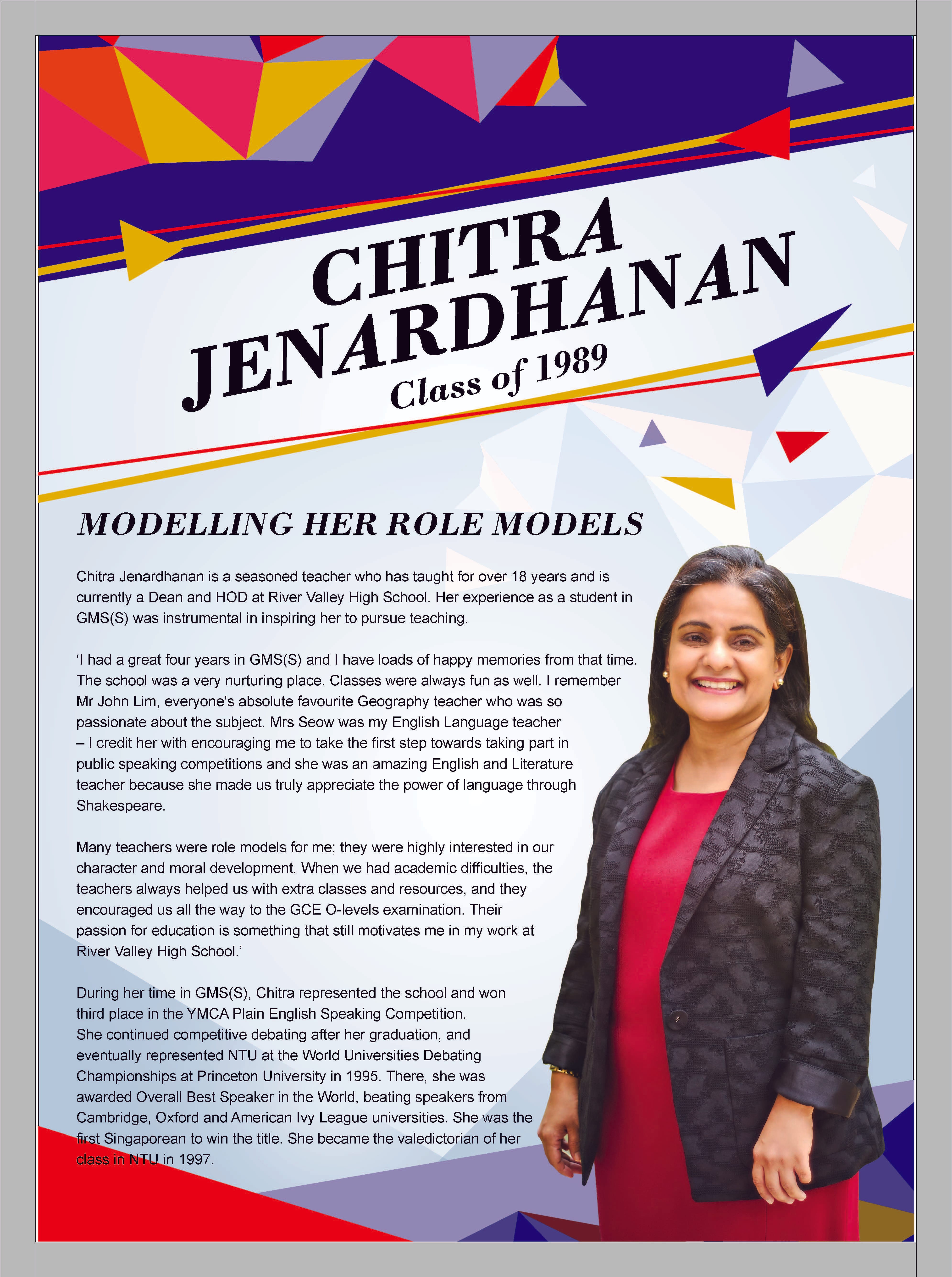 Profile poster of Chitra Jenardhanan, Class of 1989, featuring her photo and text about her teaching career.