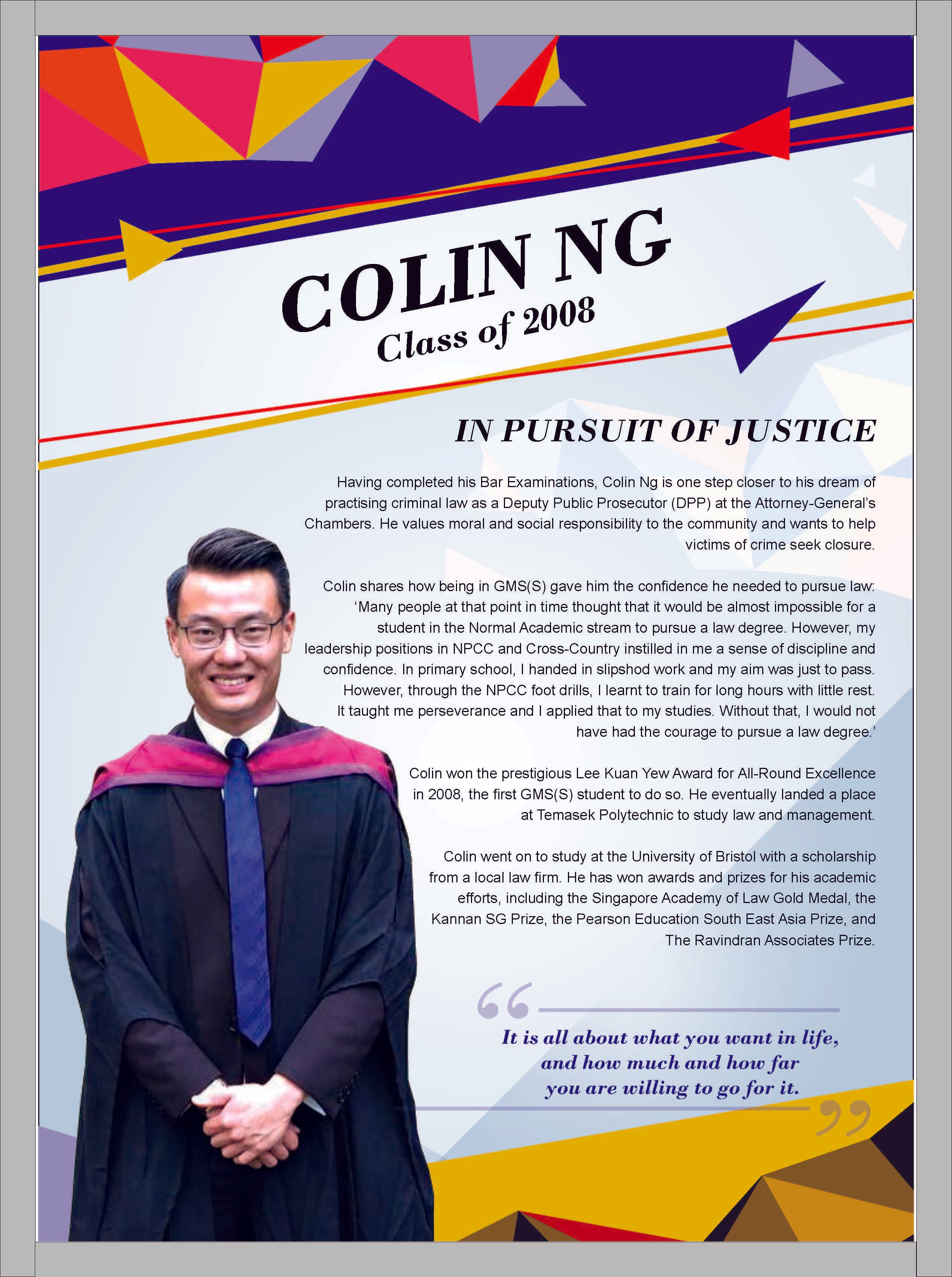 Poster featuring Colin Ng, Class of 2008, in graduation gown, with text about his pursuit of a law career.