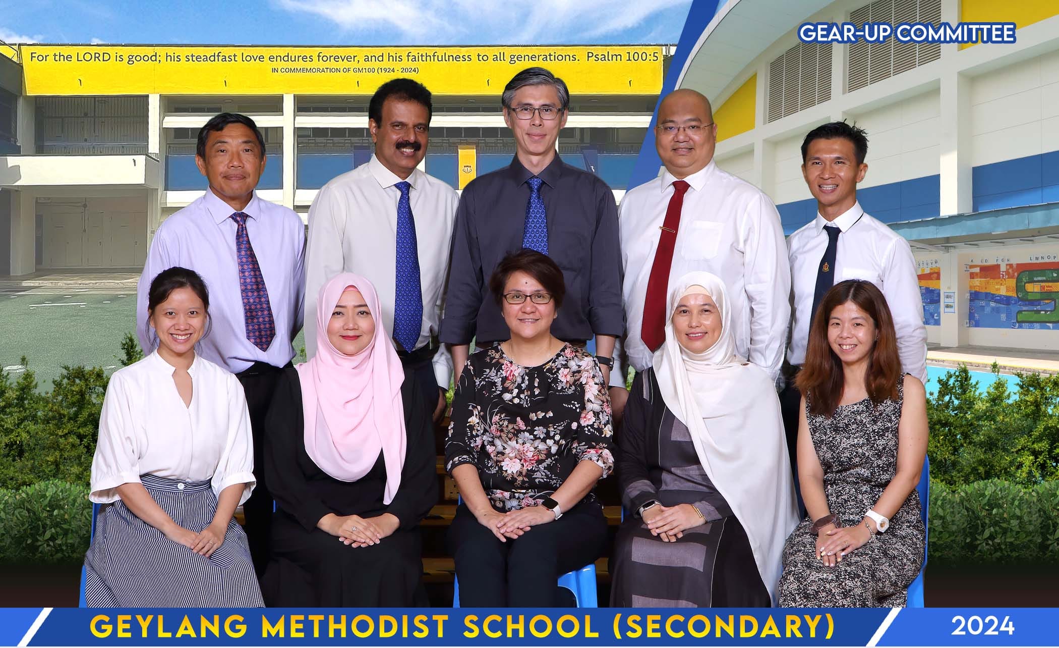 Nine members of the Geylang Methodist School Secondary Gear-Up Committee pose for a formal group photo in 2024.