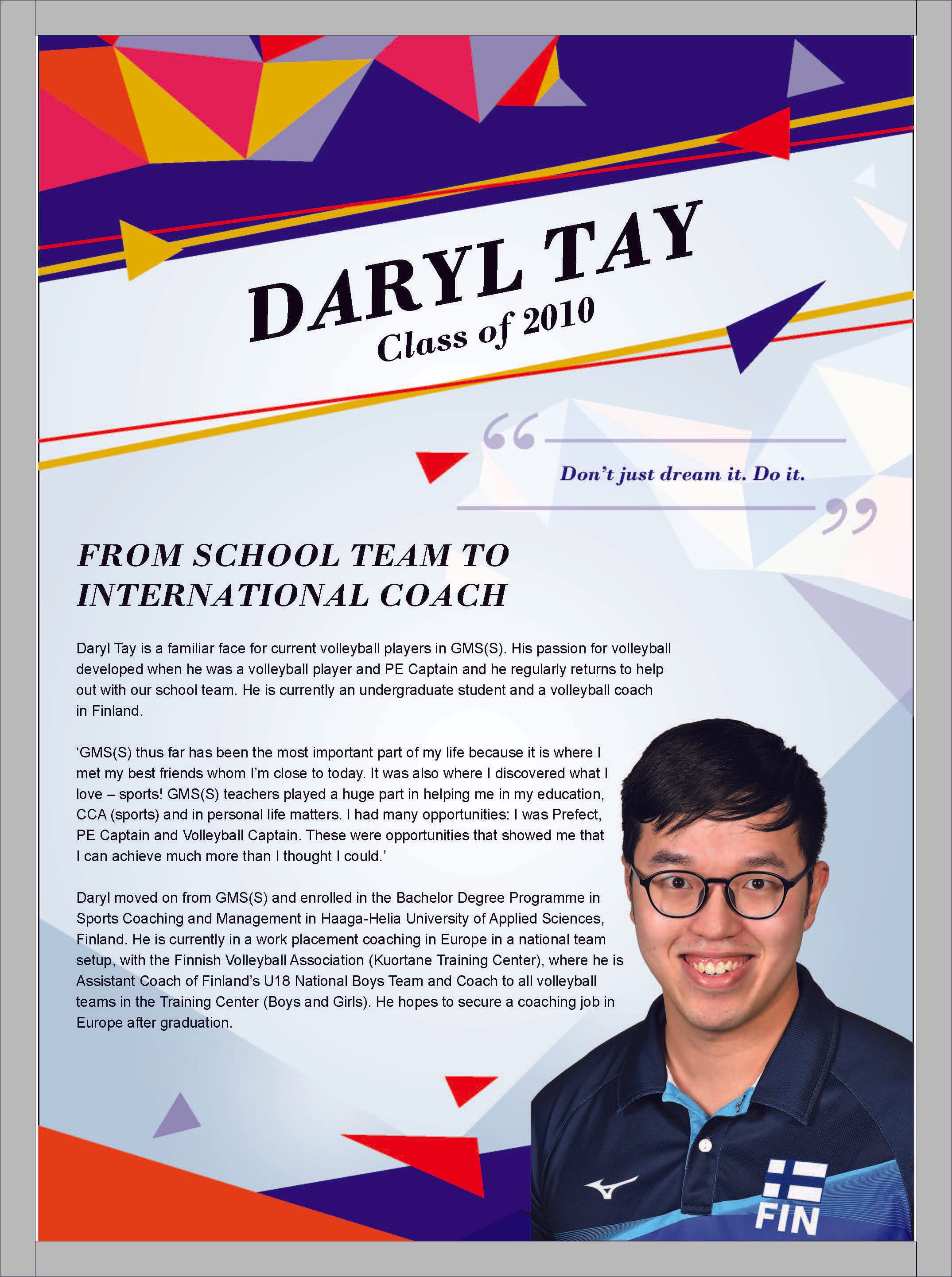 Poster featuring Daryl Tay, Class of 2010, smiling in a Finland volleyball jersey, with text about his coaching career.