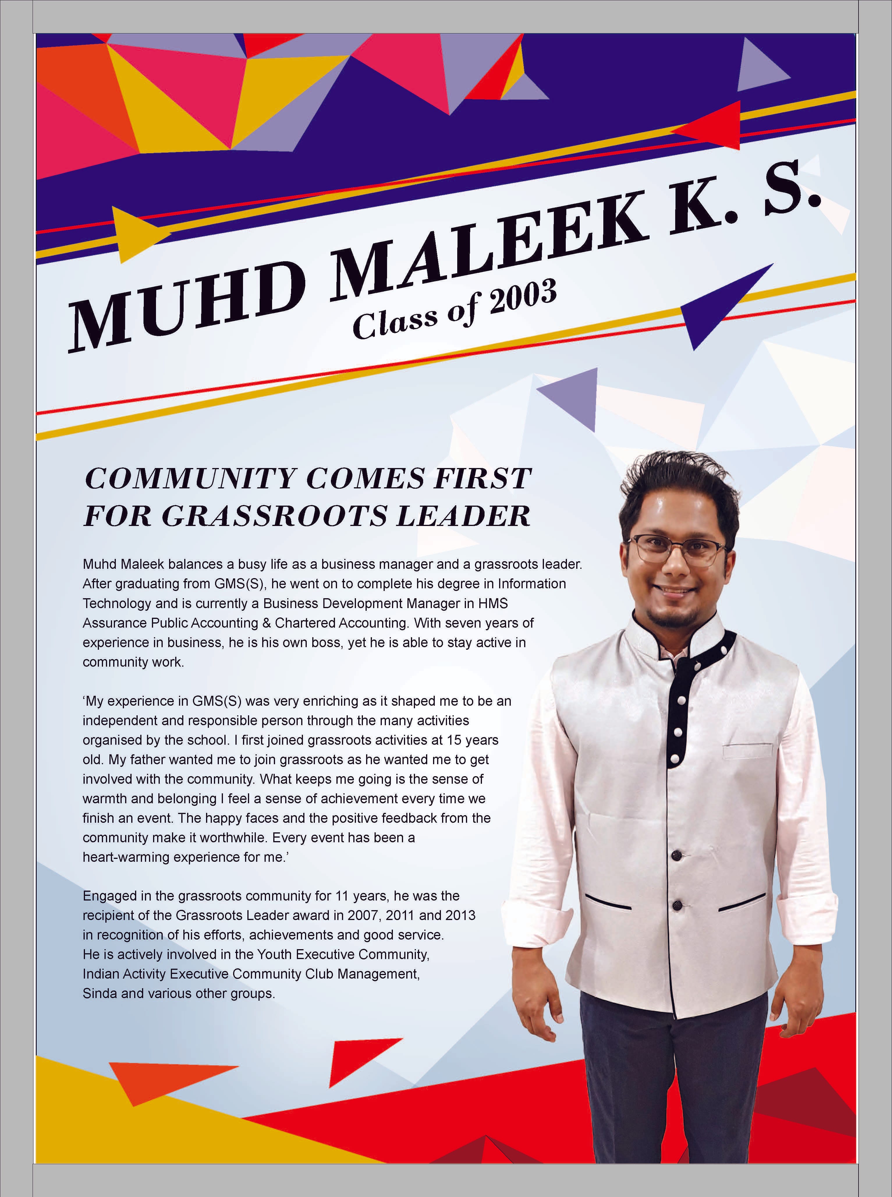 Poster featuring Muhd Maleek K.S., Class of 2003, standing in a white jacket beside his biography text.