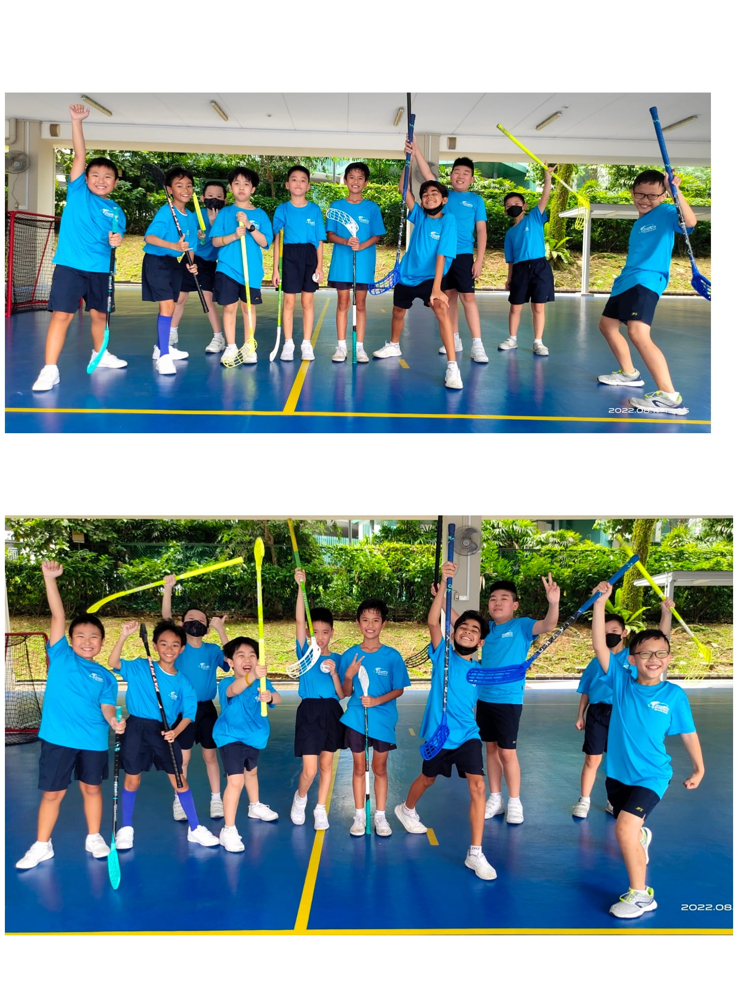 Two group photos of boys in blue shirts holding floorball sticks, posing energetically on a blue indoor court.