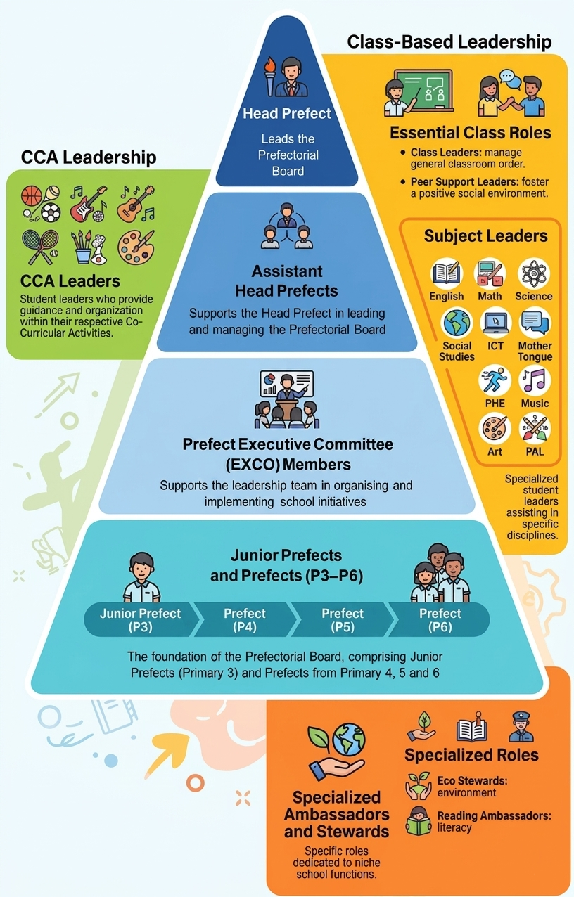 Pyramid chart showing school leadership hierarchy from Head Prefect at top to Junior Prefects at base, with CCA and class-based roles.