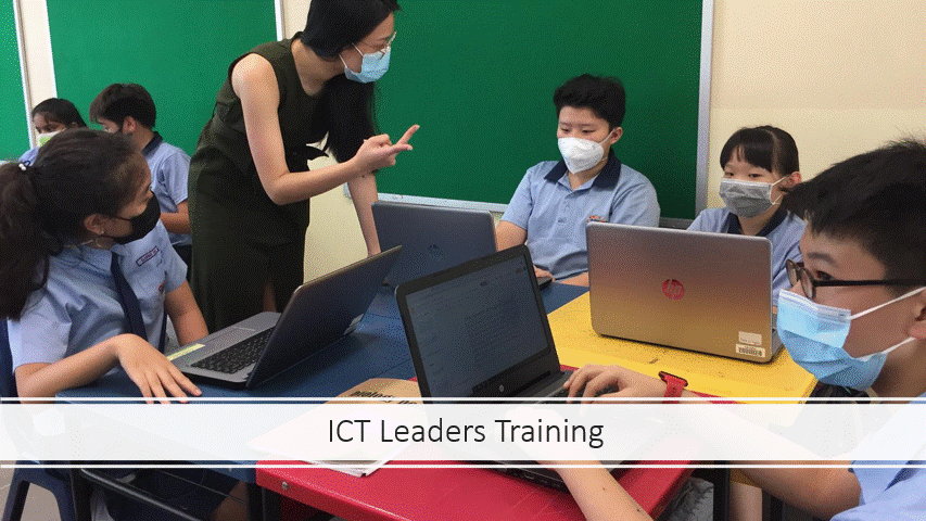 A masked teacher instructs masked students working on laptops in a classroom, labeled ICT Leaders Training.