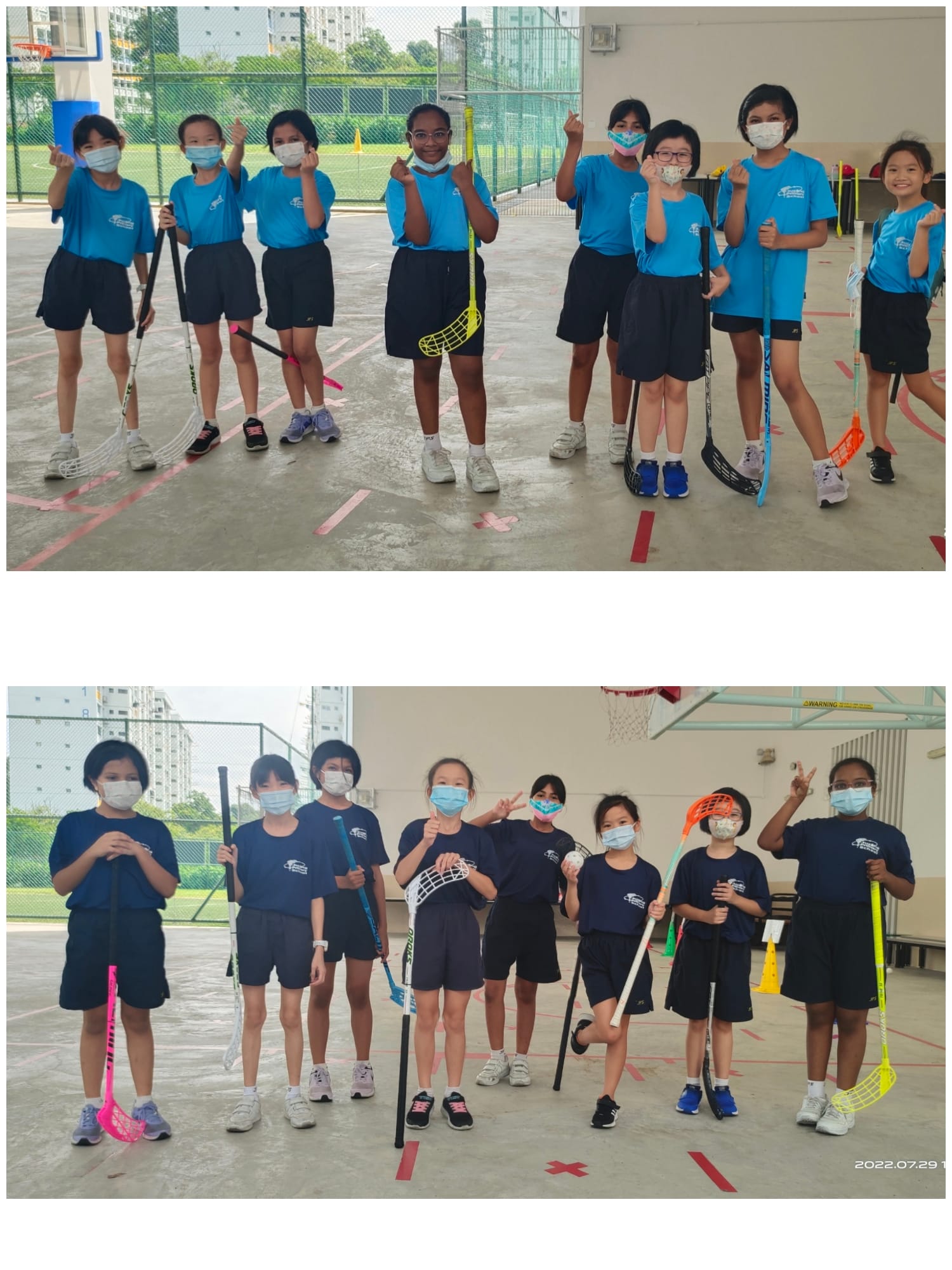 Two groups of masked children in school uniforms hold floorball sticks and pose on an outdoor court.