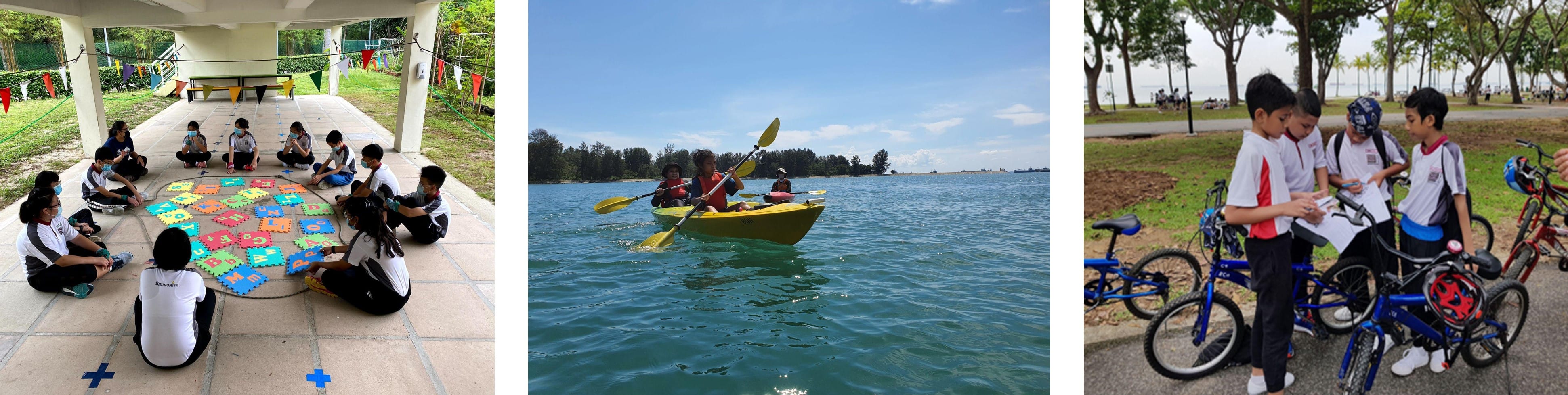 Three scenes: students in a circle on foam mats, two people kayaking on open water, and kids with bicycles in a park.