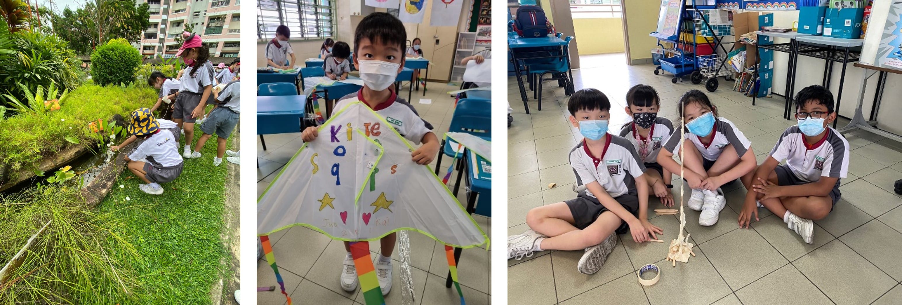 Three school activity scenes: children outdoors, a masked boy holding a decorated kite, and four masked kids with a wooden craft.