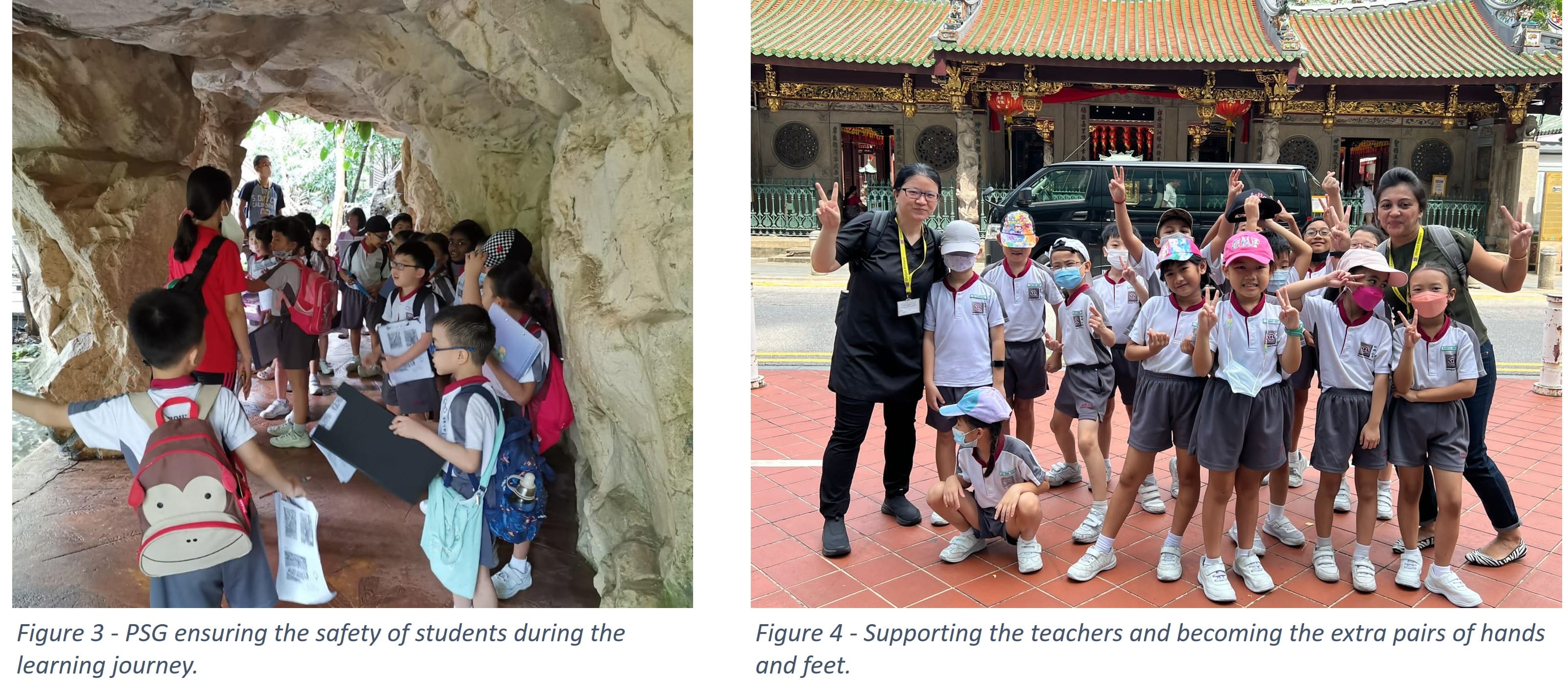 Students and adults on a field trip, exploring a cave tunnel and posing with peace signs outside a Chinese temple.