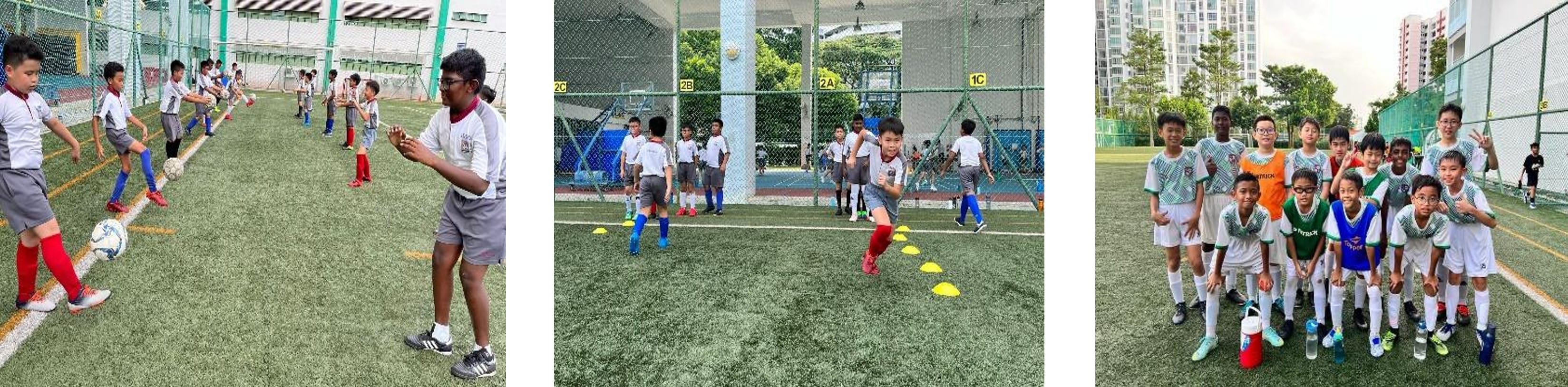 Three photos of young boys in sports uniforms practicing football drills and posing together on an outdoor turf field.