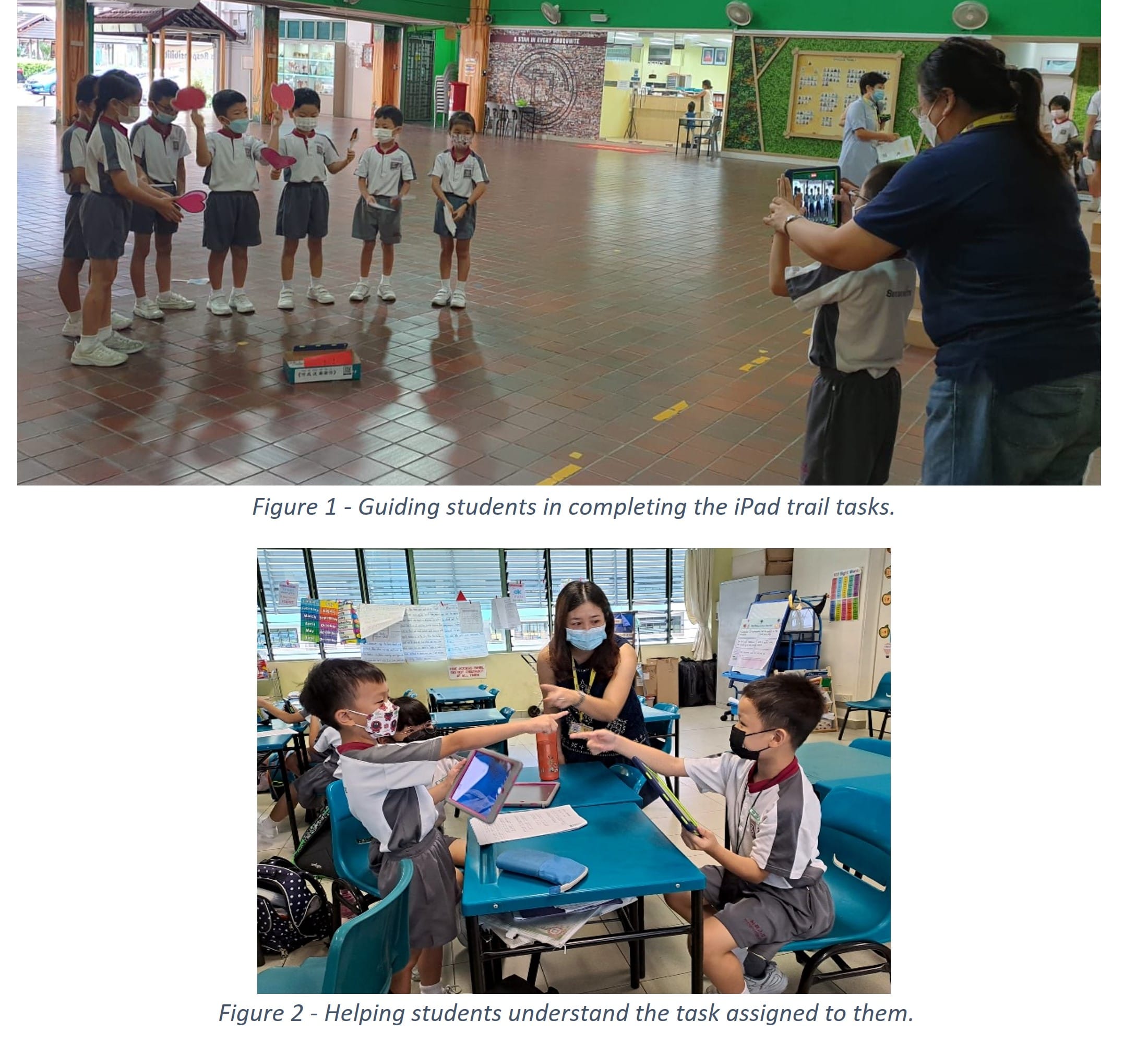 Two school scenes: masked students doing an iPad trail activity outdoors, and a teacher helping students at a classroom desk.