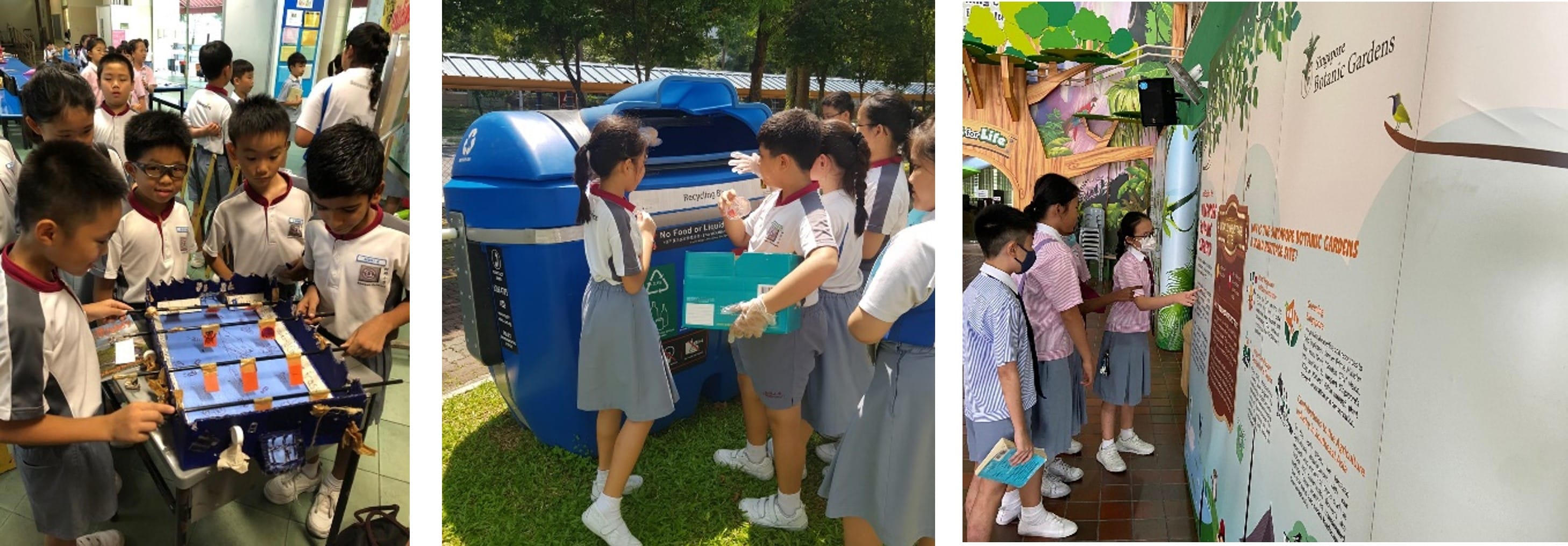 Three panels show students in uniforms doing activities: playing foosball, recycling, and reading a Singapore Botanic Gardens display.