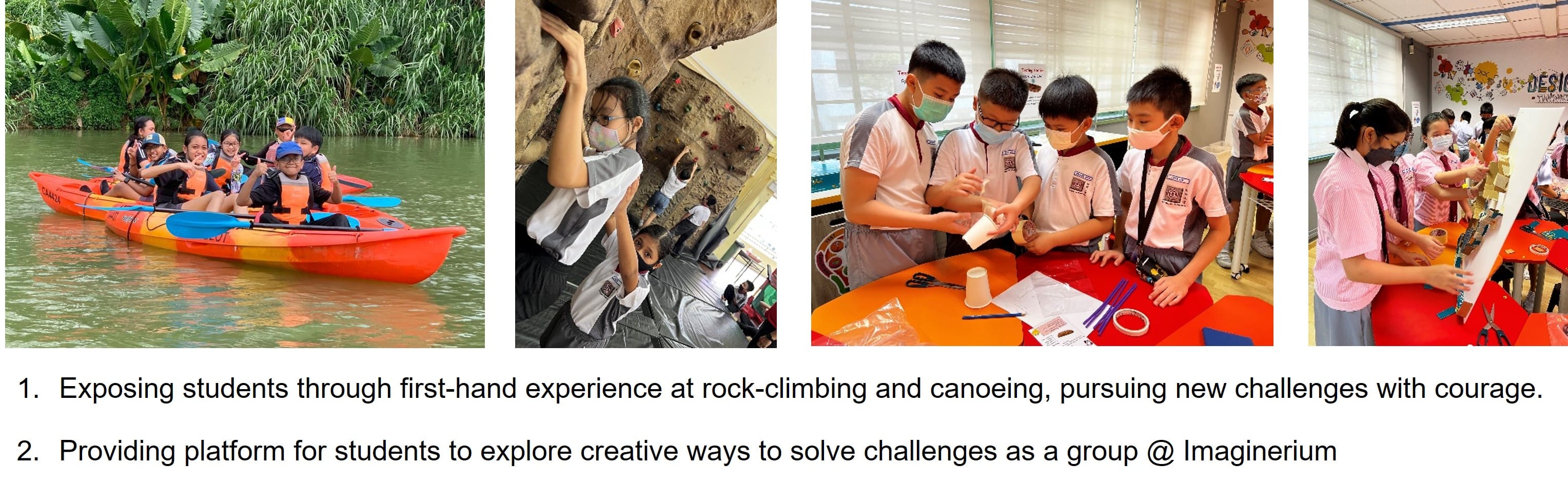 Four photos show masked students kayaking on a river, rock climbing, and doing crafts indoors.