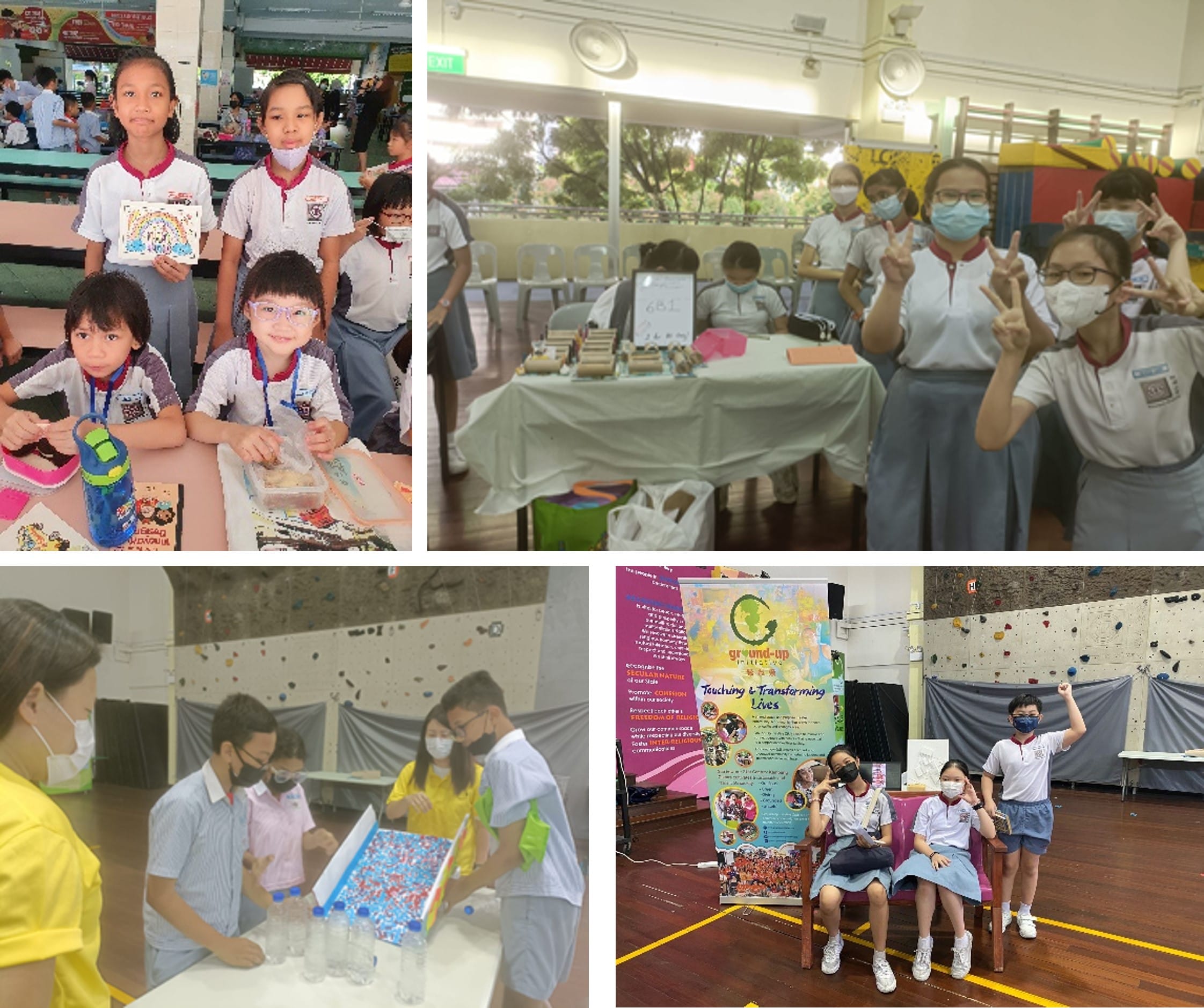 Four photos of school students in uniforms and masks at an indoor fair, displaying artwork and posing near booths.