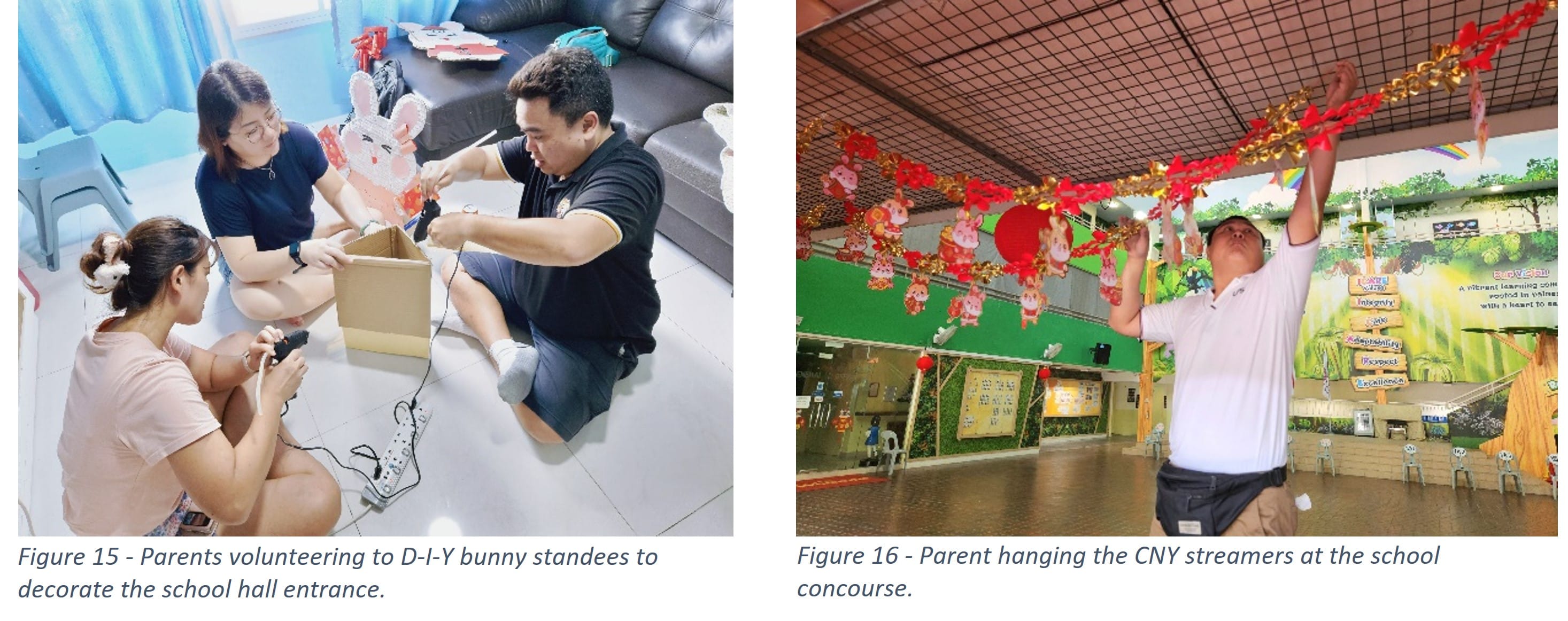 Three adults craft bunny standees on a floor; a man hangs red and gold CNY streamers from a school ceiling.