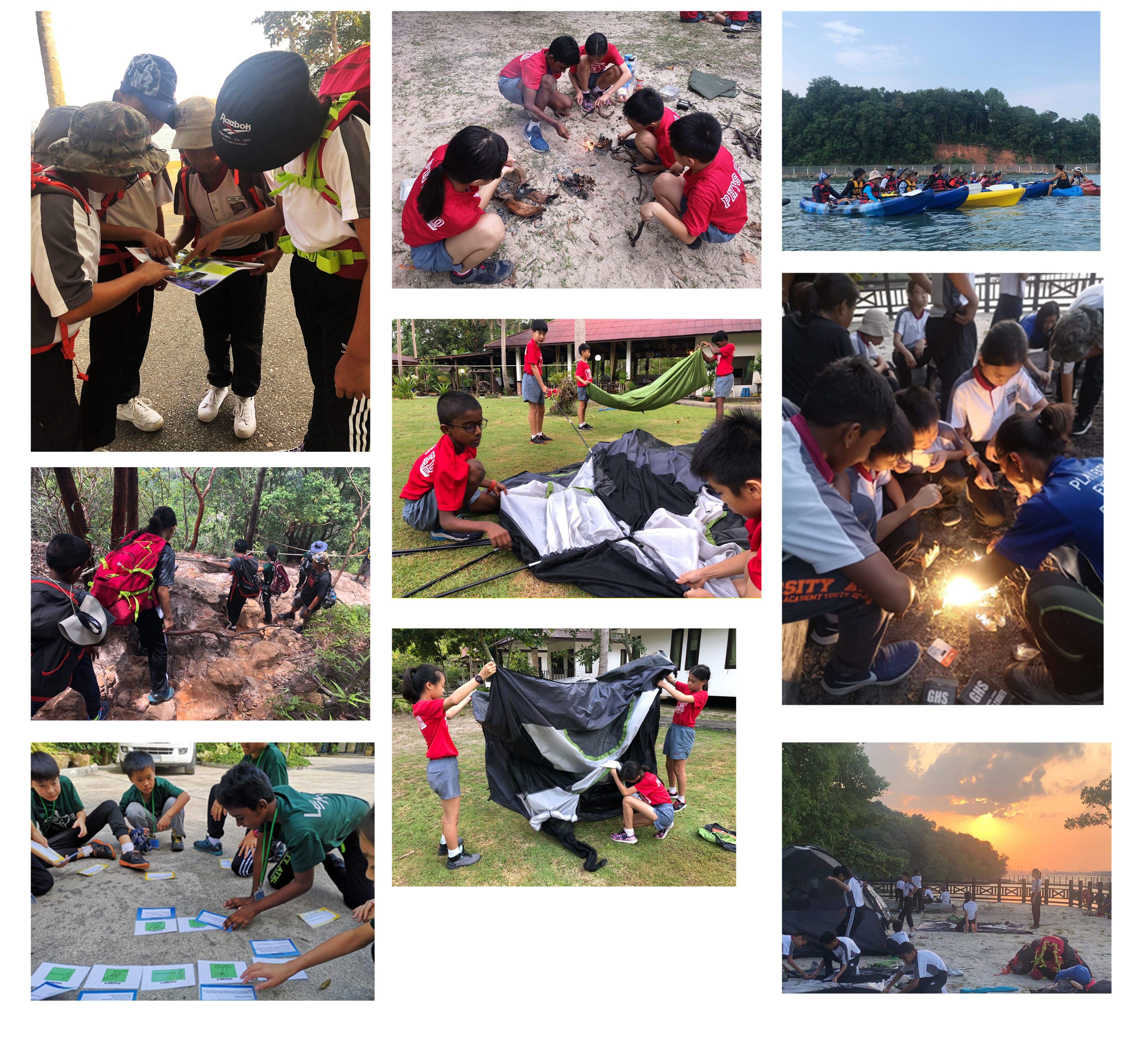 Collage of children doing outdoor camp activities: kayaking, fire-starting, hiking, pitching tents, and group tasks.