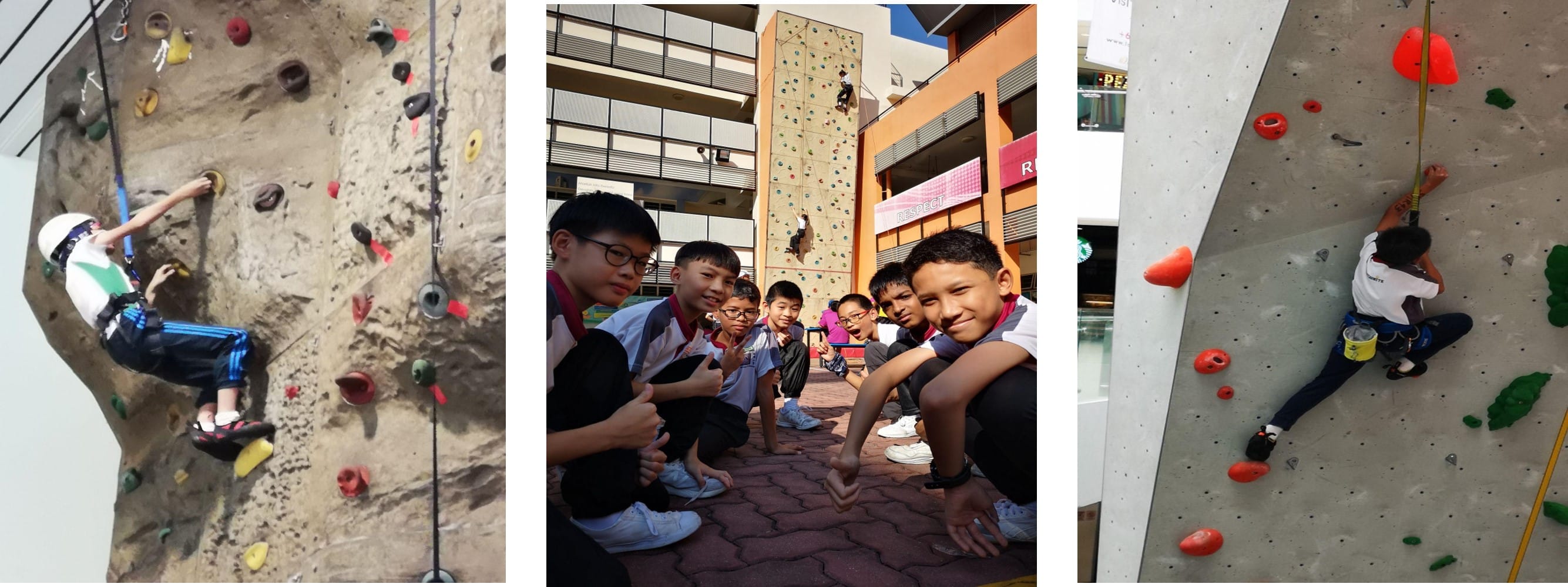 Three panels showing boys rock climbing on tall walls and a group of young students posing outdoors near a climbing wall.