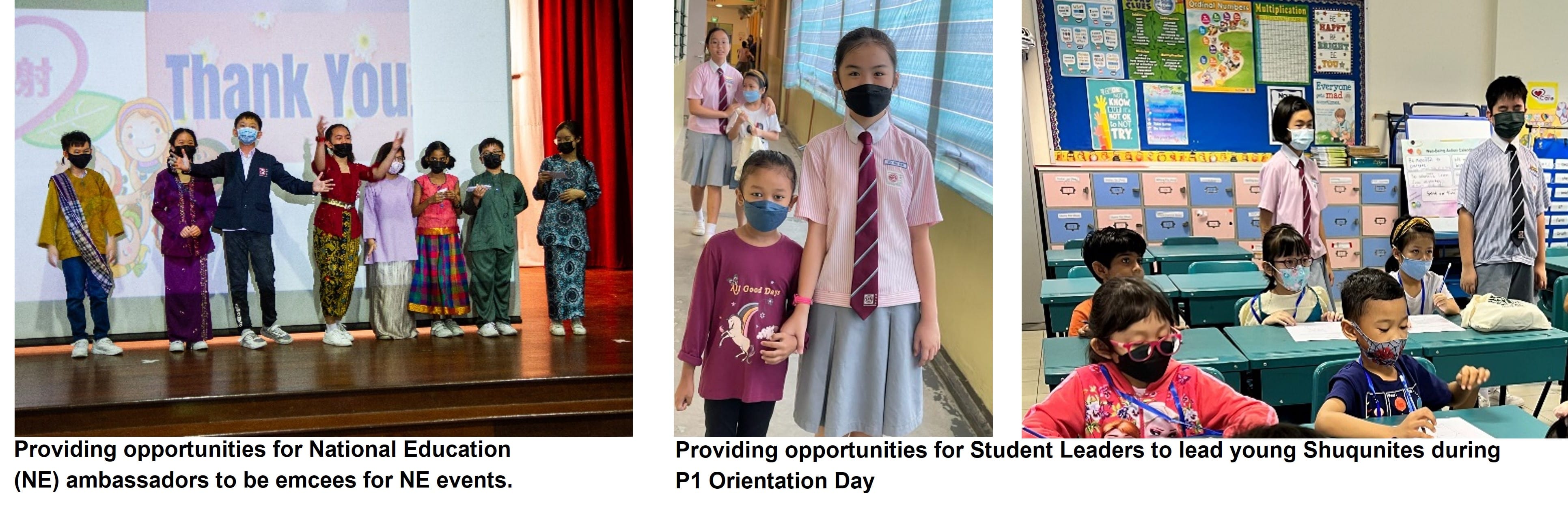 Three school photos showing masked students on stage, in a hallway, and in a classroom during school events.