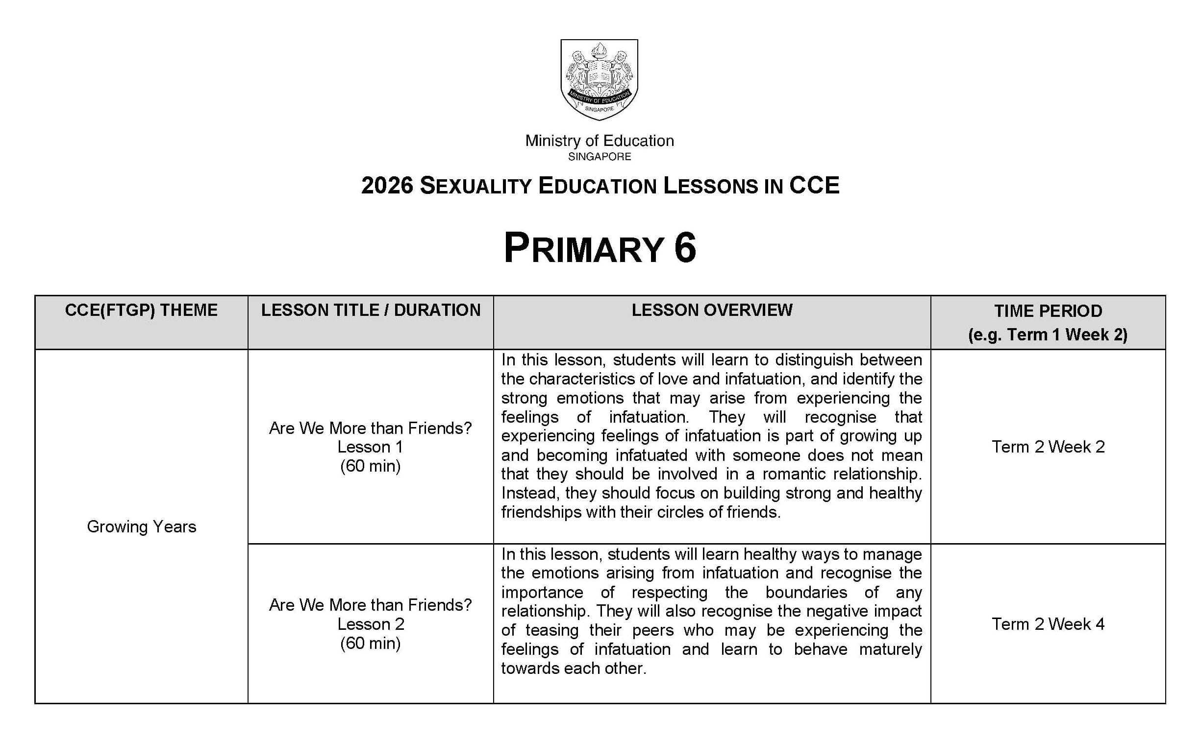 Singapore Ministry of Education 2026 Sexuality Education Lessons in CCE table for Primary 6, showing two lessons.