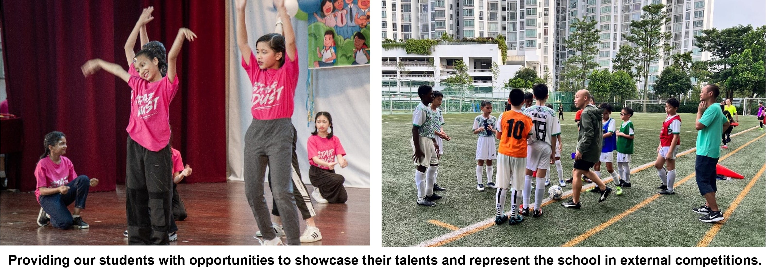 Two school scenes: girls in pink shirts dancing on stage, and boys in jerseys gathered on a soccer field.
