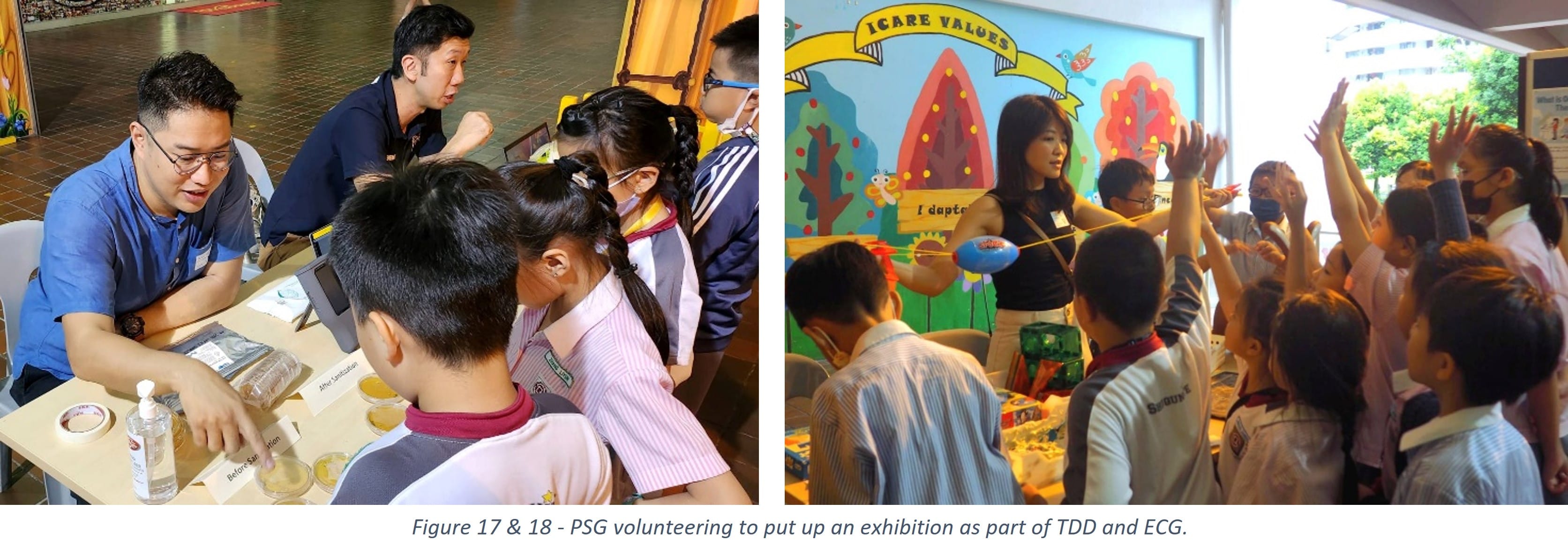 Two scenes of adults volunteering with school children at an exhibition, one showing a science activity and one with raised hands.