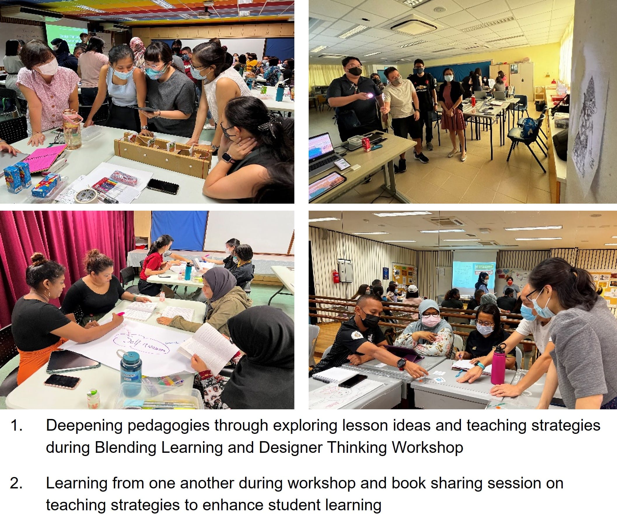 Four photos of masked participants collaborating at tables during teaching strategy workshops with materials and laptops.