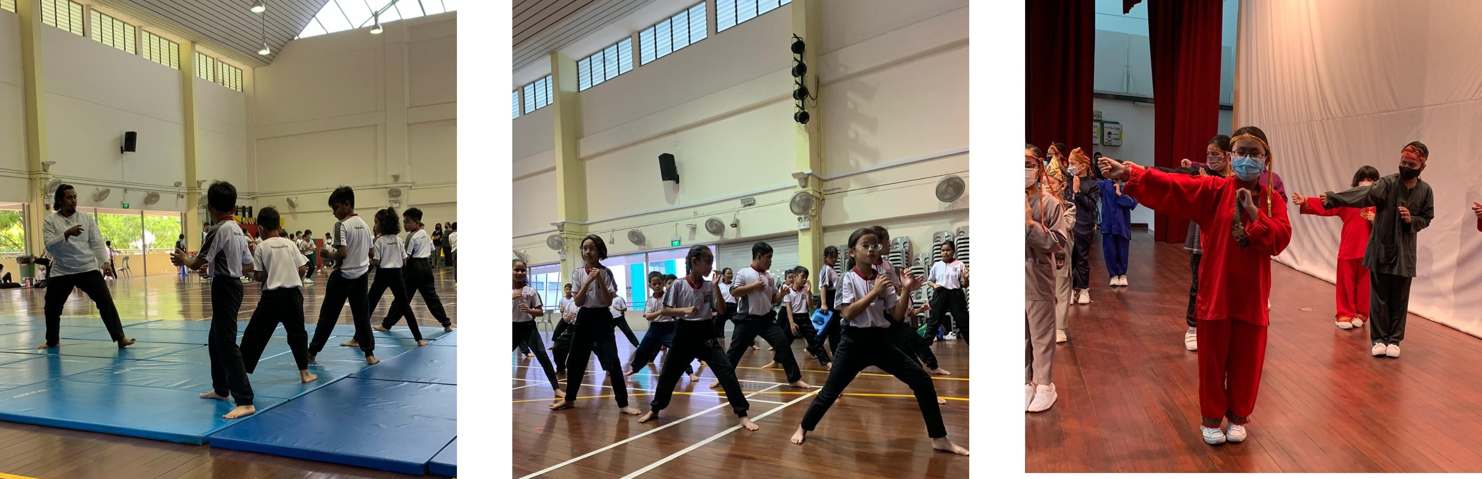 Three photos of children practicing martial arts moves in school halls, with instructors guiding them.