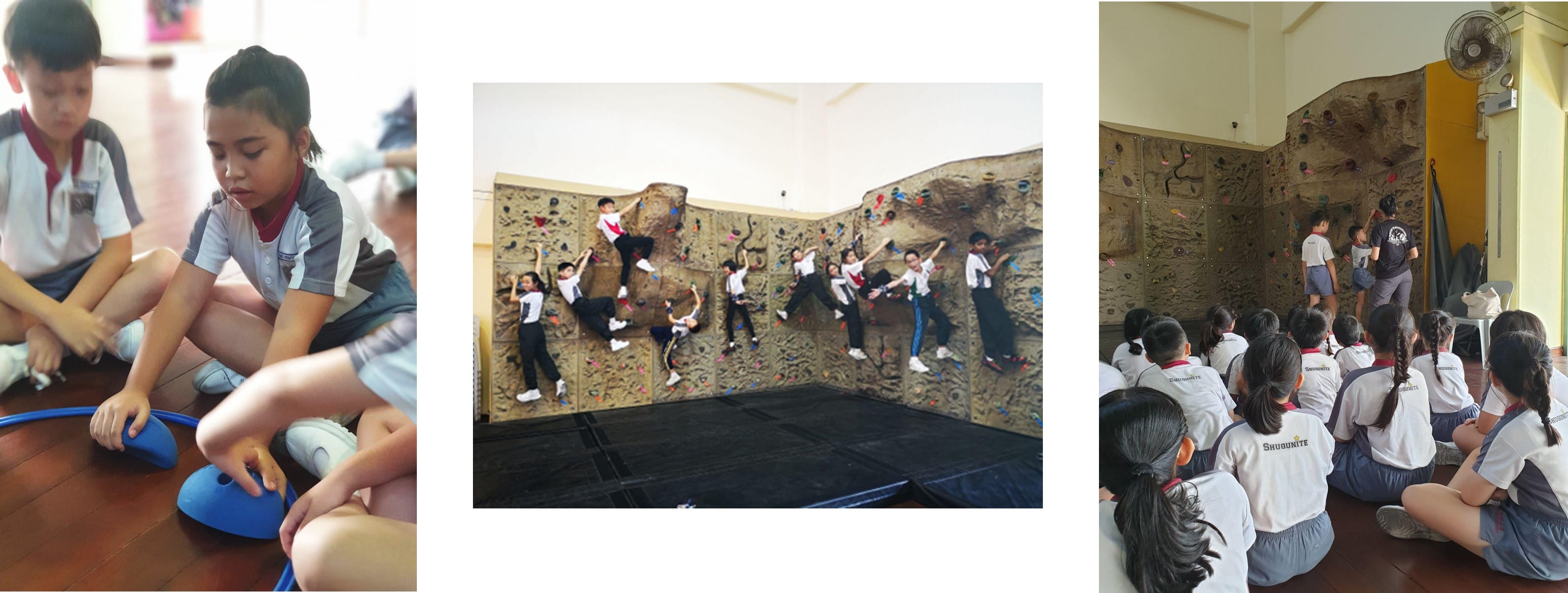 Three photos of school children: sitting with balance domes, climbing an indoor rock wall, and watching a climbing demonstration.
