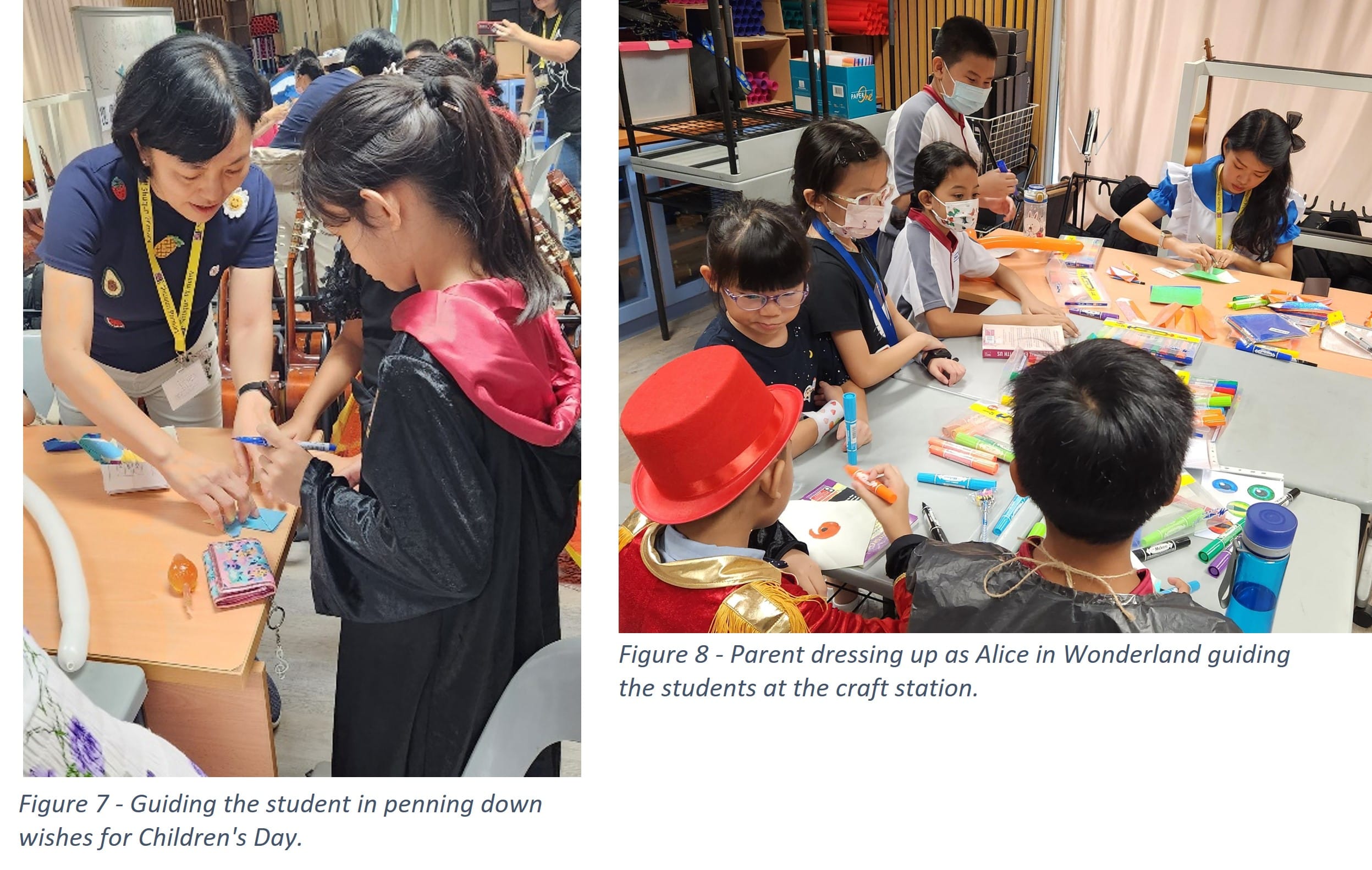 Two school activity scenes: an adult guiding a child writing, and costumed children doing crafts at a table with markers.