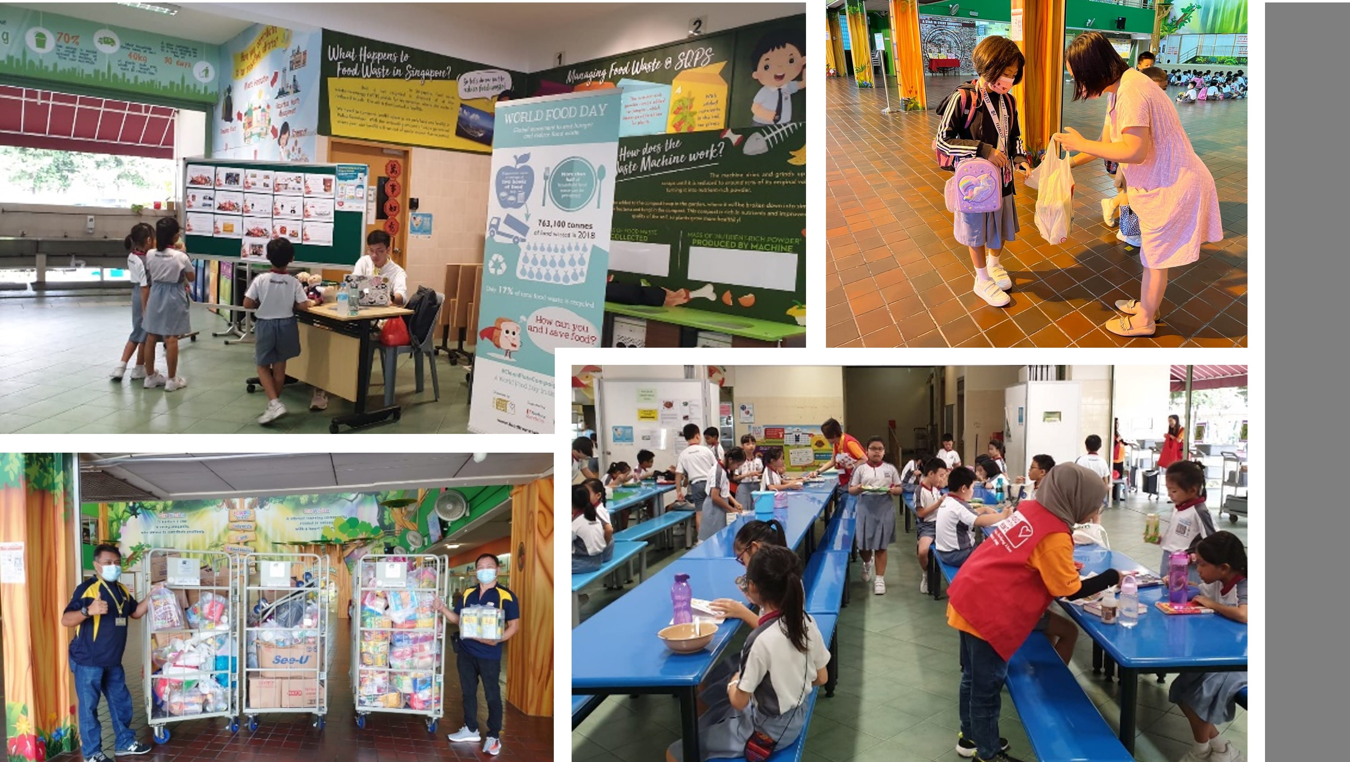 Four scenes of a school food waste awareness event, showing students at displays, a cafeteria, and food donation carts.