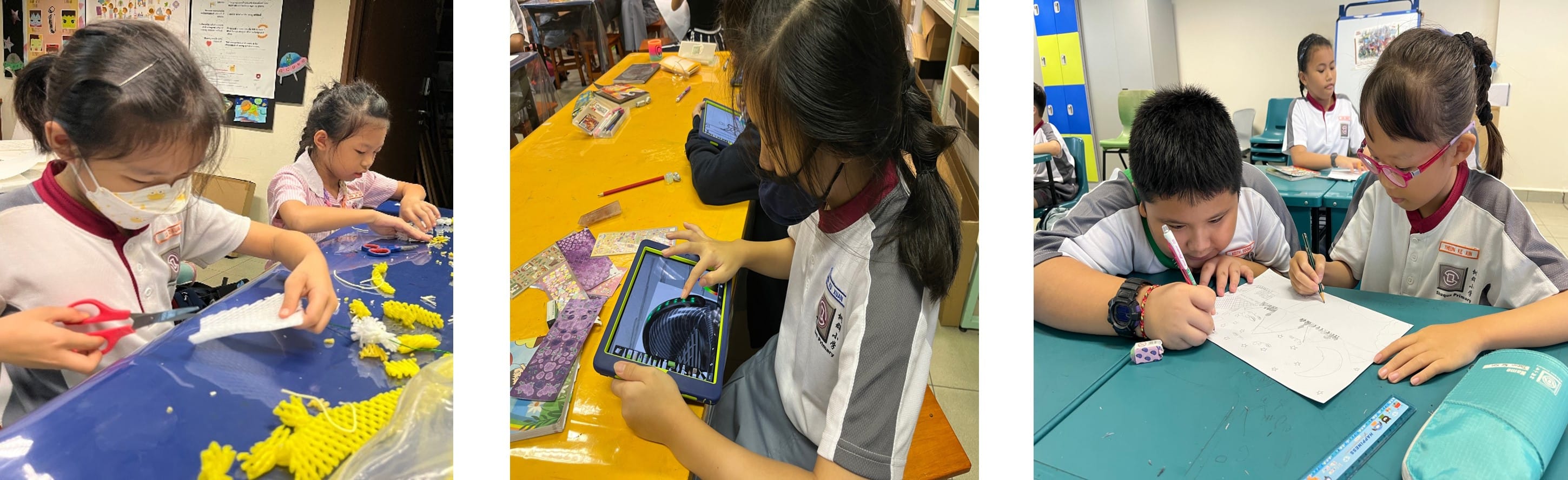 Three classroom scenes: children crafting, a girl using a tablet, and two students writing together at desks.