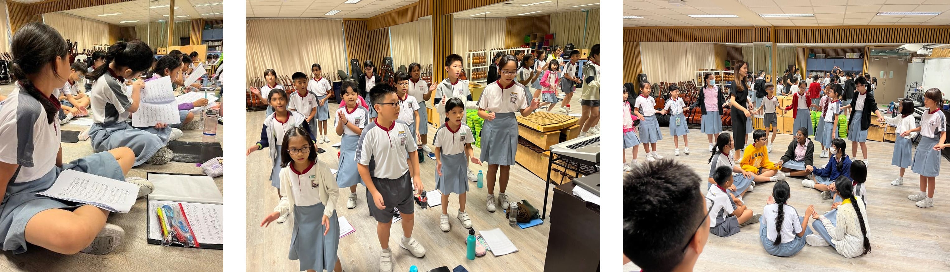Three photos of uniformed students in a music room, singing, reading sheets, and sitting in a circle with instruments nearby.