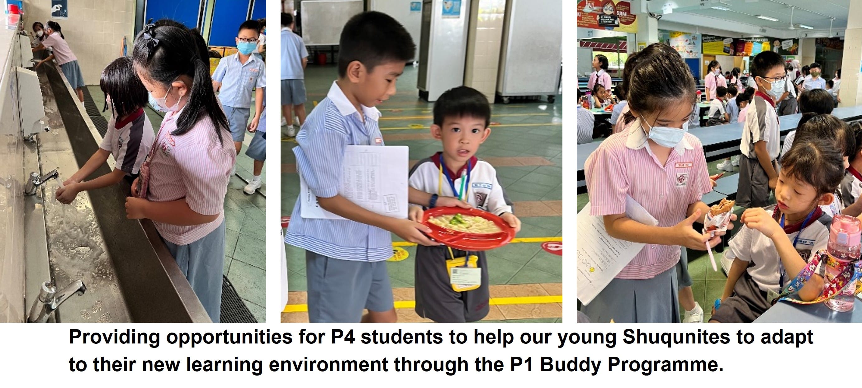 Three photos of older students in school uniforms guiding younger students at sinks, canteen, and lunch area.