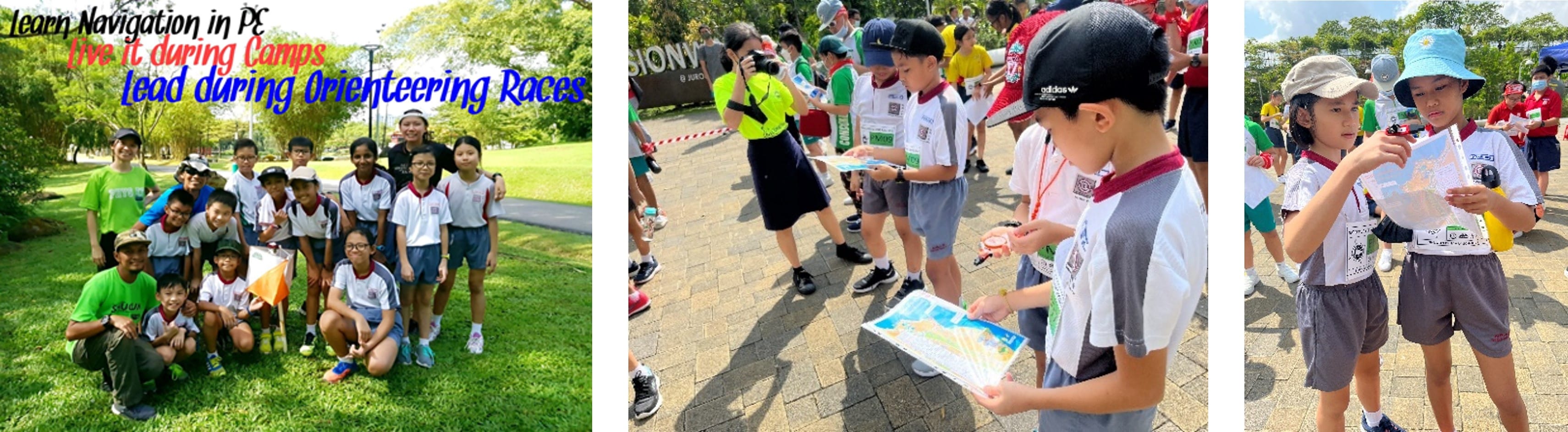 Children participate in outdoor orienteering races, reading maps and posing as a group in a park setting.