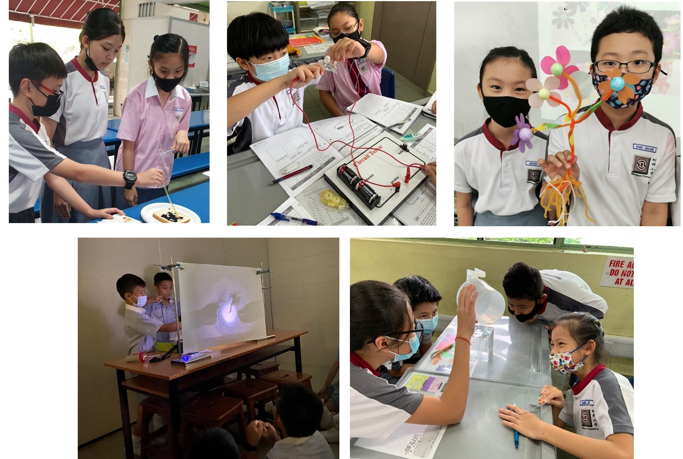 Five photos of masked primary school students doing science experiments with circuits, shadows, crafts, and liquids.