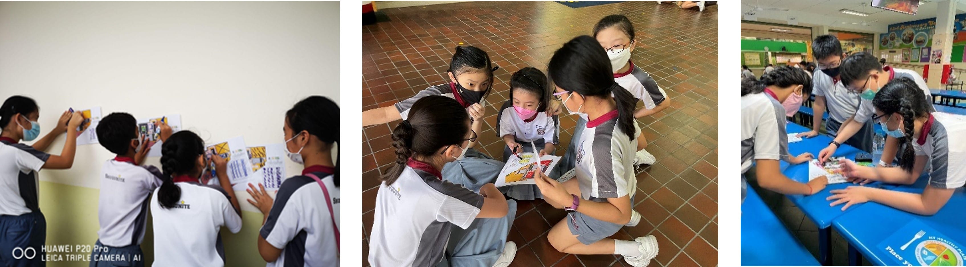 Three photos of masked school children collaborating on activities, posting papers on a wall, reading on the floor, and working at a table.