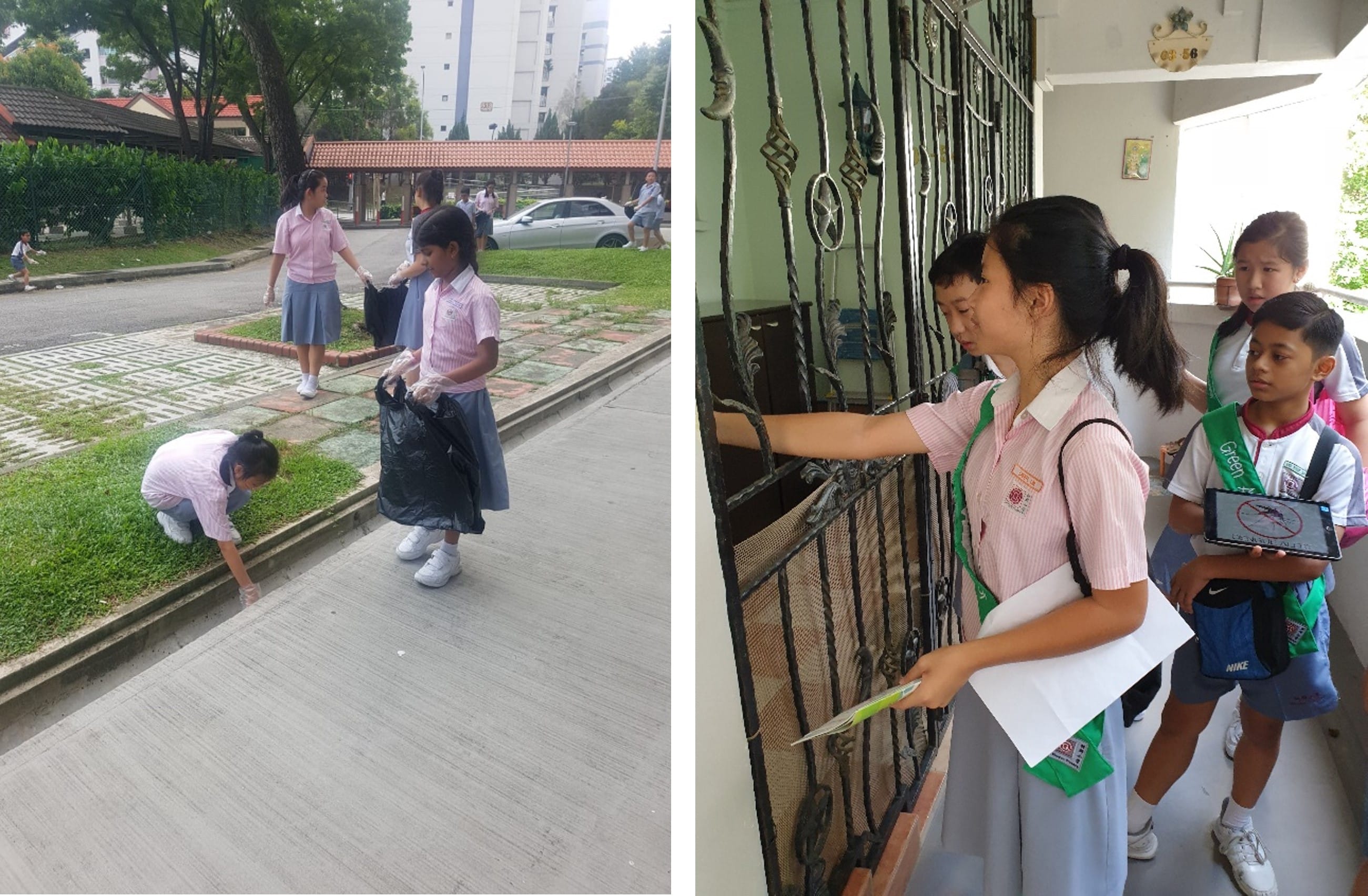 Students in pink uniforms collect litter outdoors and knock on a door holding papers and a tablet.