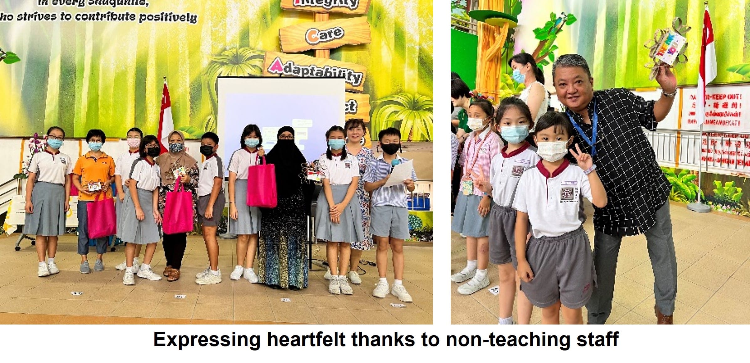Students in school uniforms and masks pose with adults in two group photos inside a school hall.