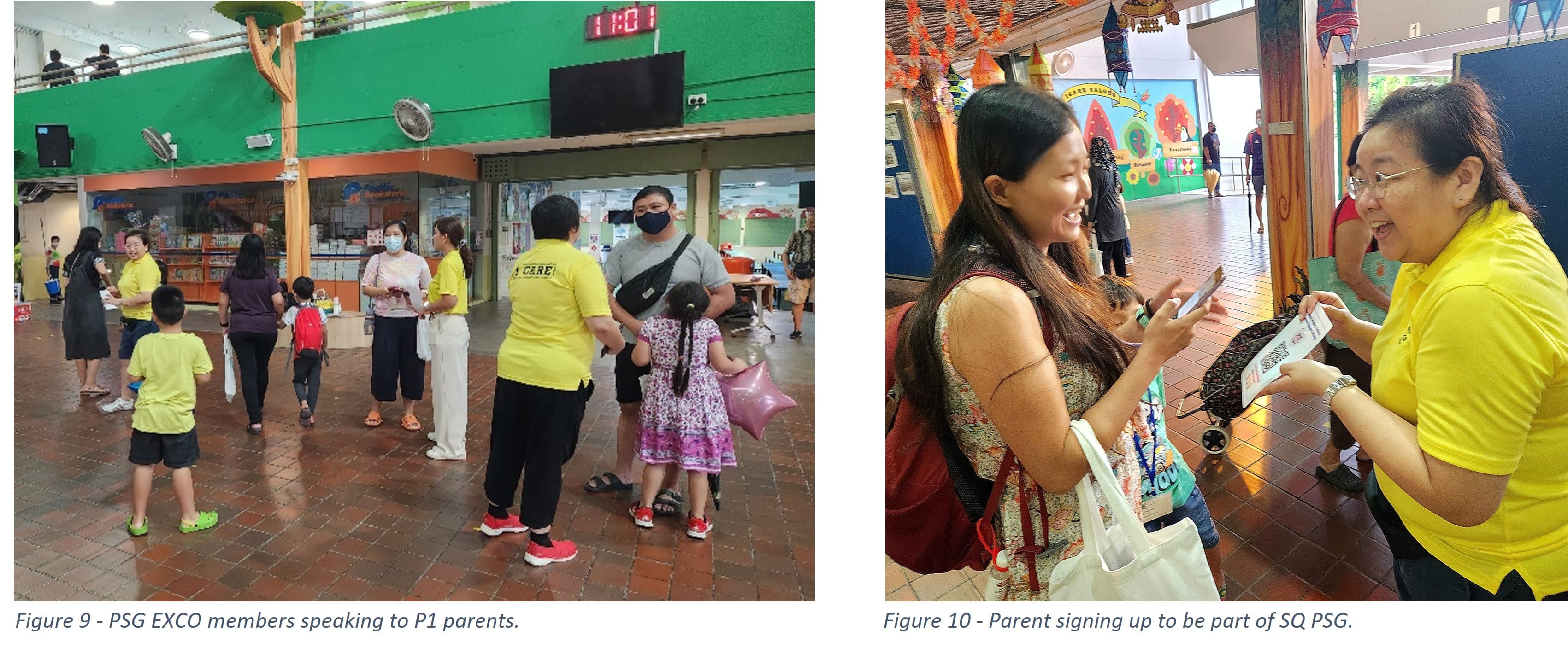 Two school scenes: staff in yellow shirts talking to parents and children, and a woman scanning a QR code to join a parent group.