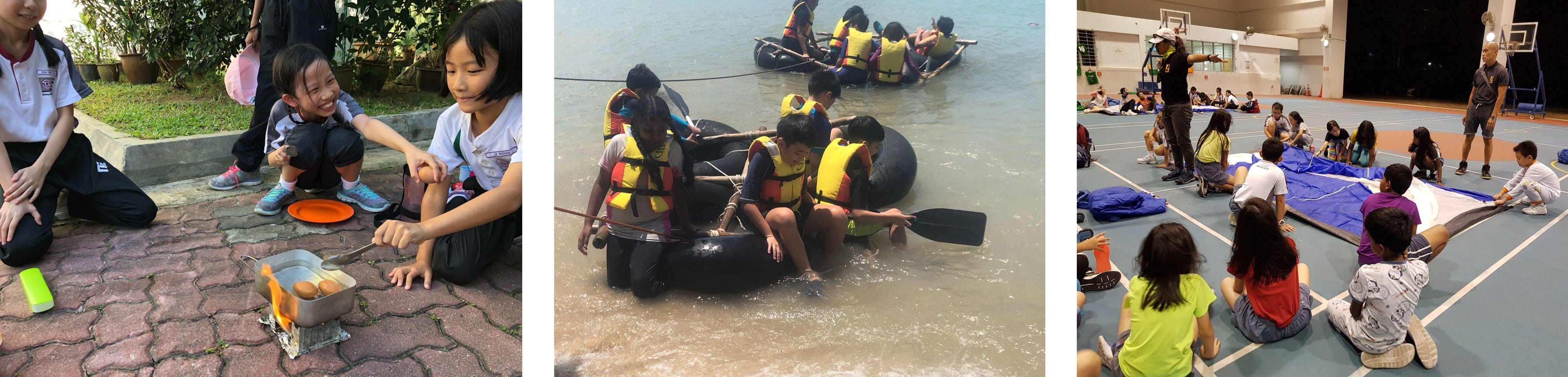 Three camp activity scenes: children cooking outdoors, rafting in life jackets, and listening to an instructor in a gymnasium.