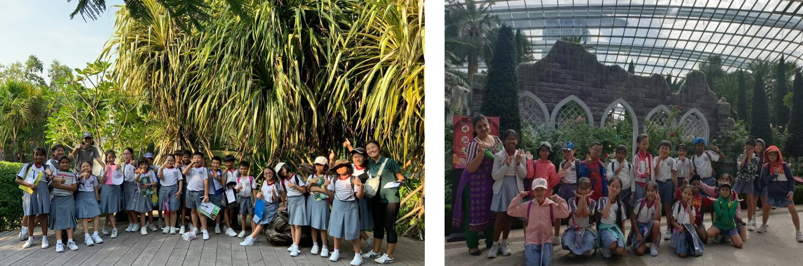 Two group photos of school children posing outdoors among tropical plants, one inside a large glass greenhouse structure.