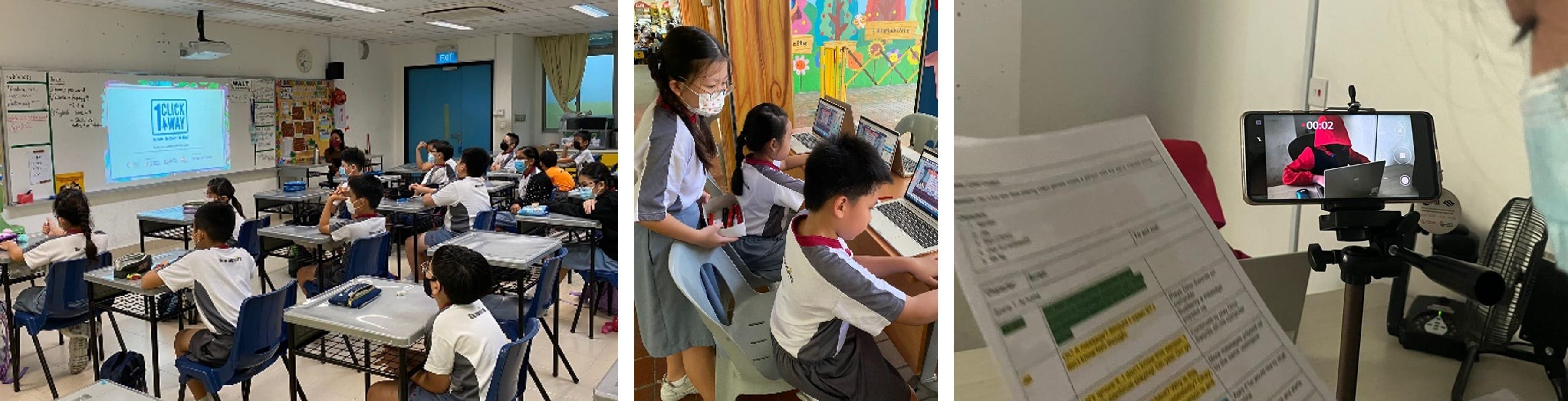 Three school scenes: students watching a projector, a teacher helping kids on laptops, and a phone on a tripod filming a document.