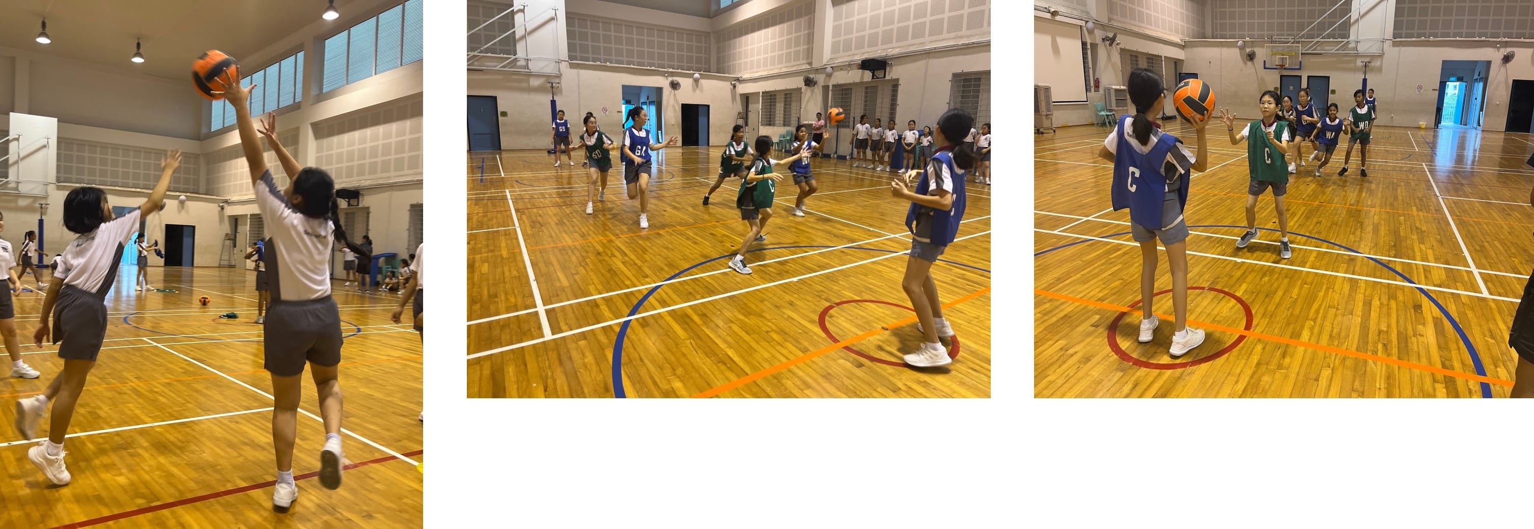 Girls in blue and green vests playing netball on an indoor wooden court in three side-by-side photos.